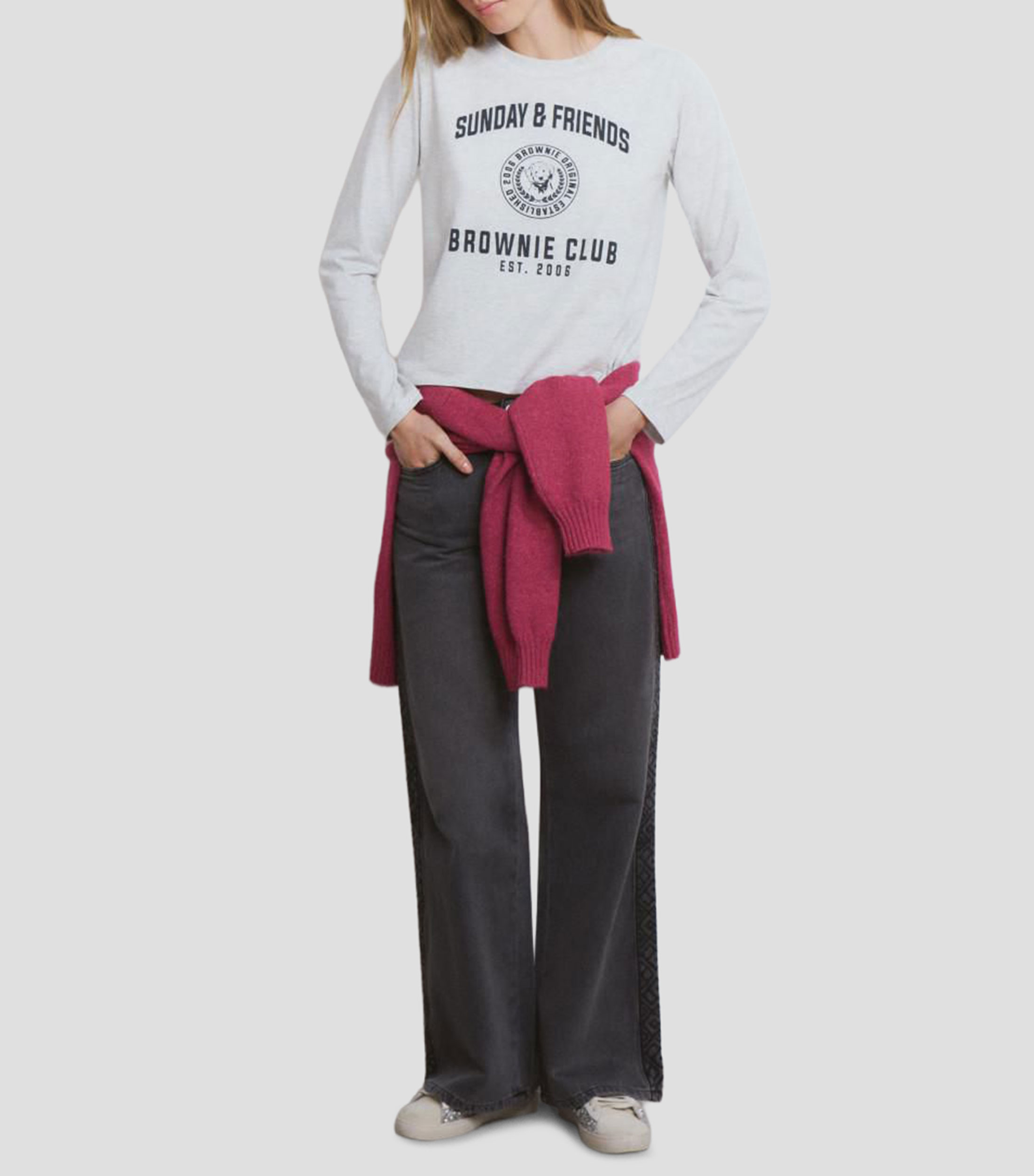Playera cuello redondo manga larga con estampado Mujer