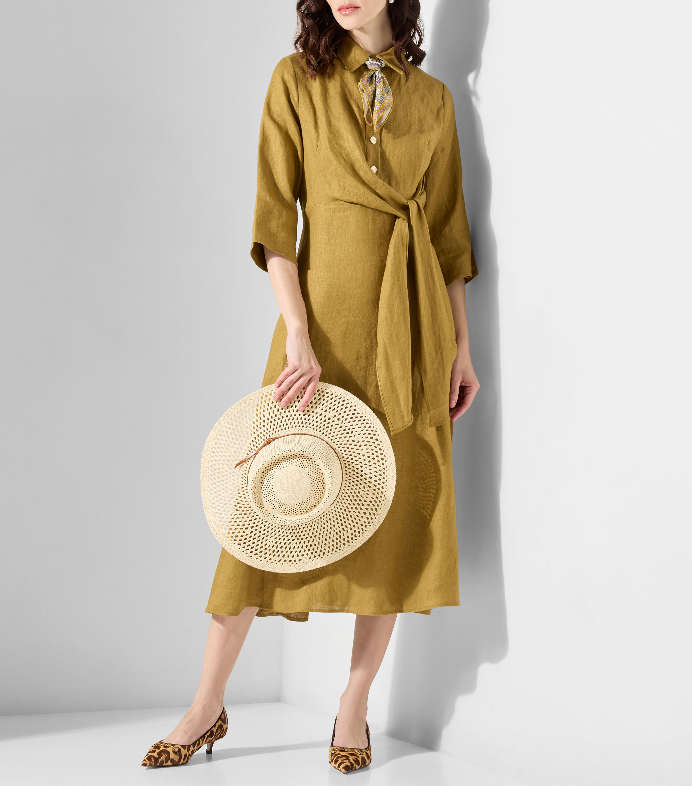 Vestido camisero largo con manga 3/4 liso Mujer
