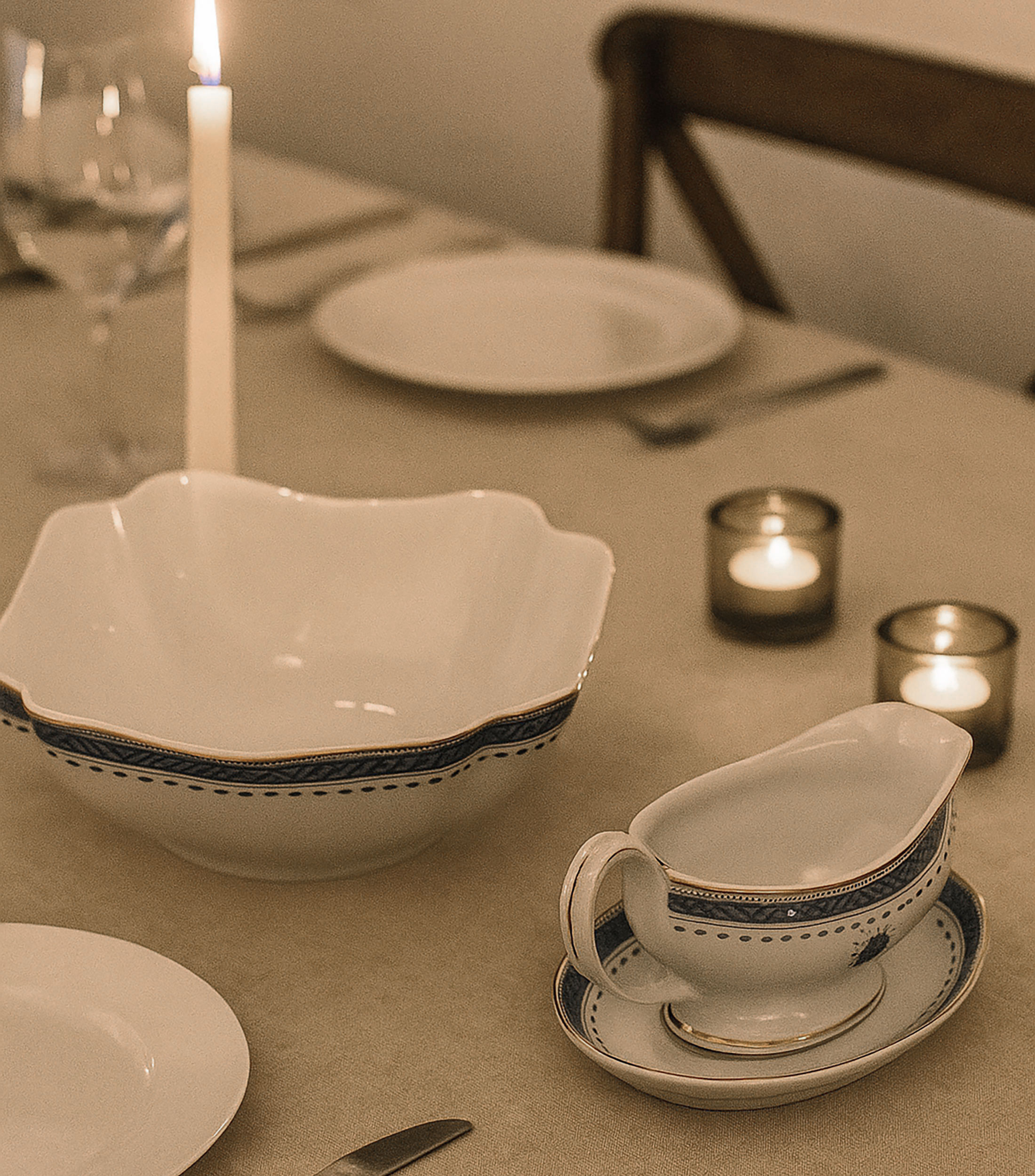 Salsera con plato Cozina Velha blanco con azul