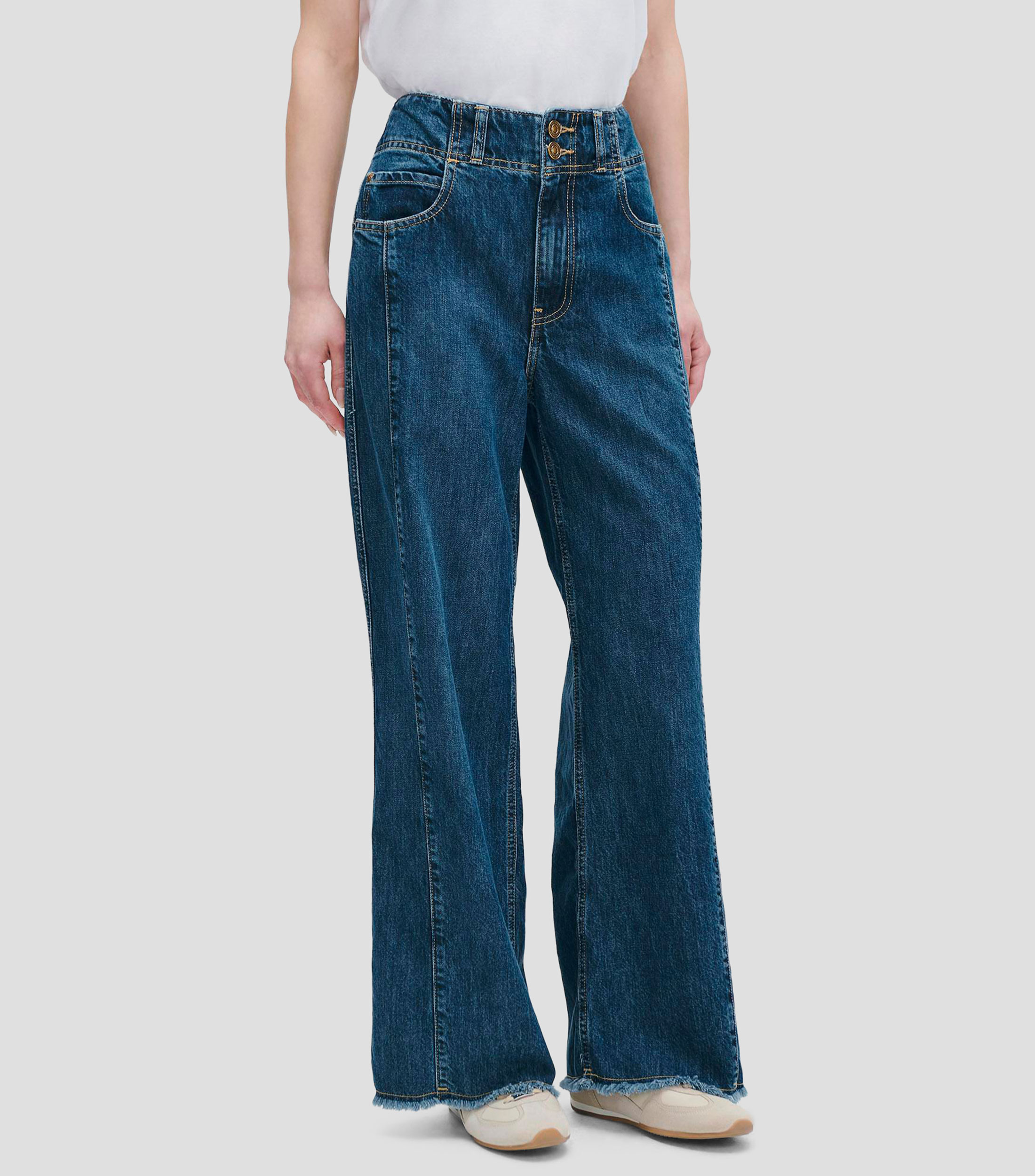 Jeans Wide Leg Tiro Alto Doble Pretina Deshilado Mujer
