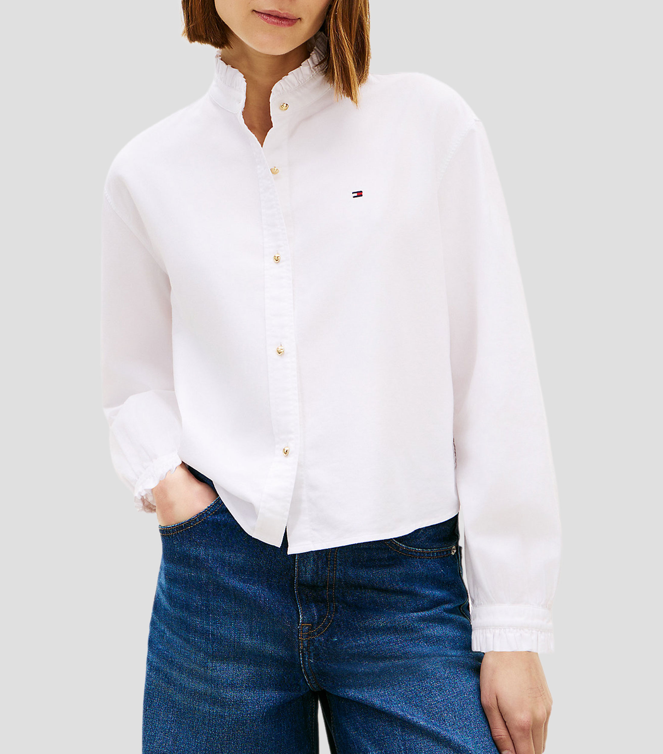 Camisa lisa cuello mao manga larga Mujer