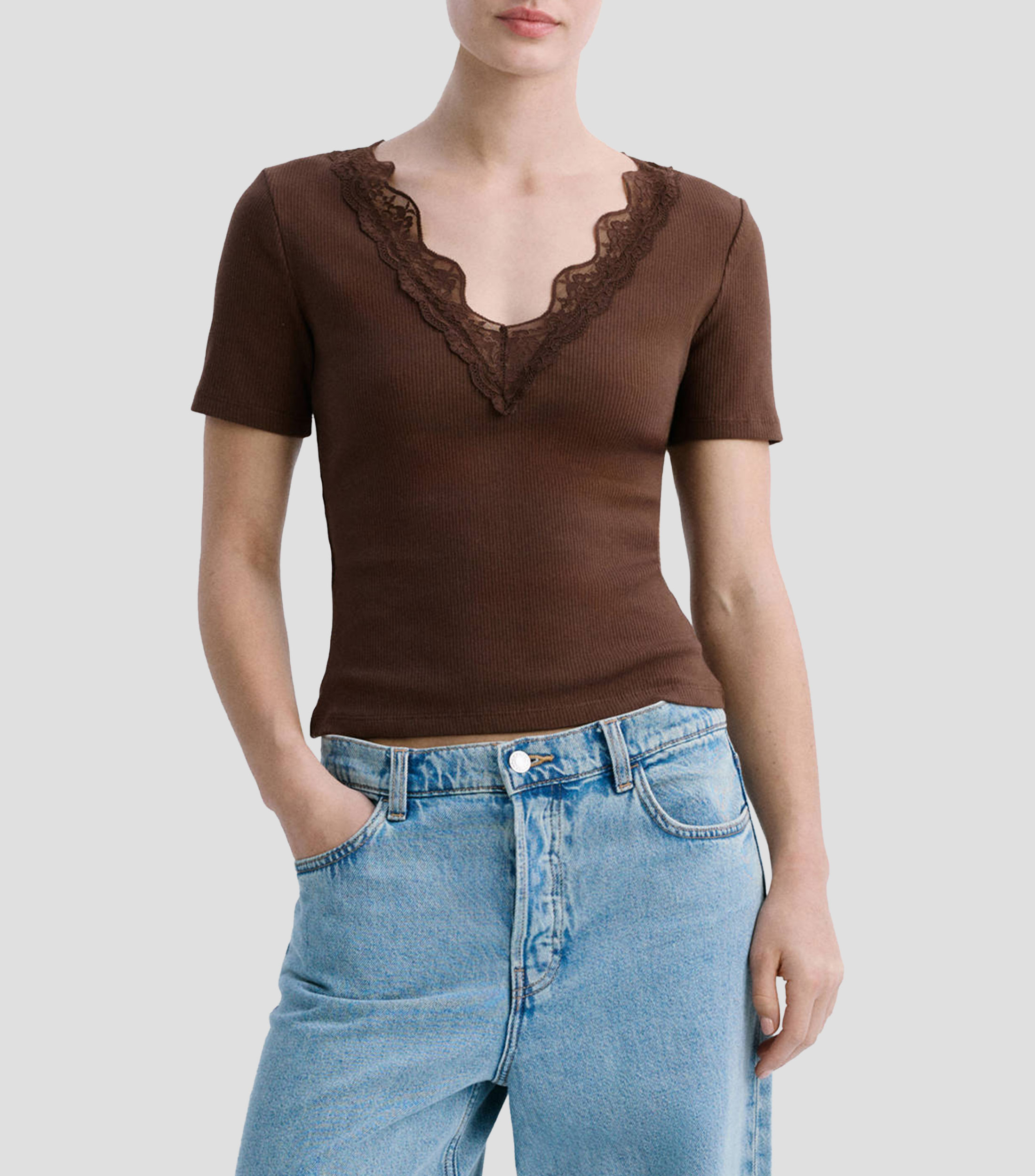 Top cuello V manga corta liso Mujer