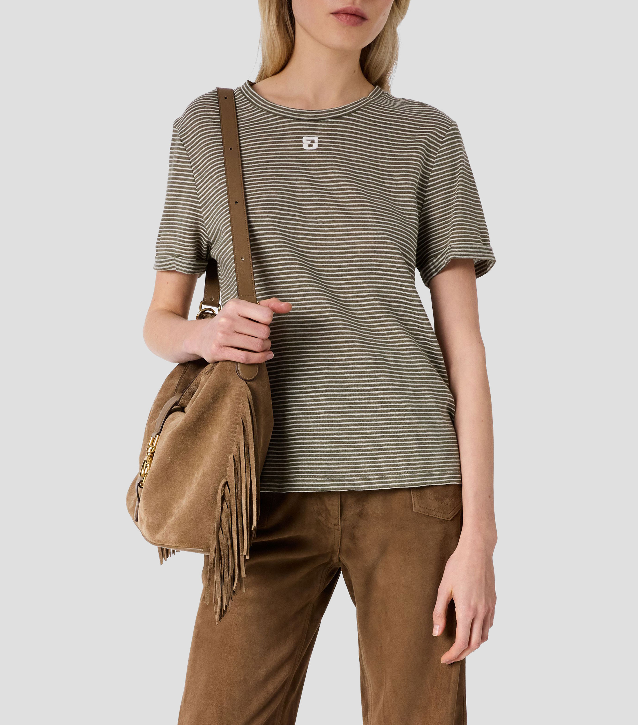 Playera cuello redondo manga corta con rayas Mujer