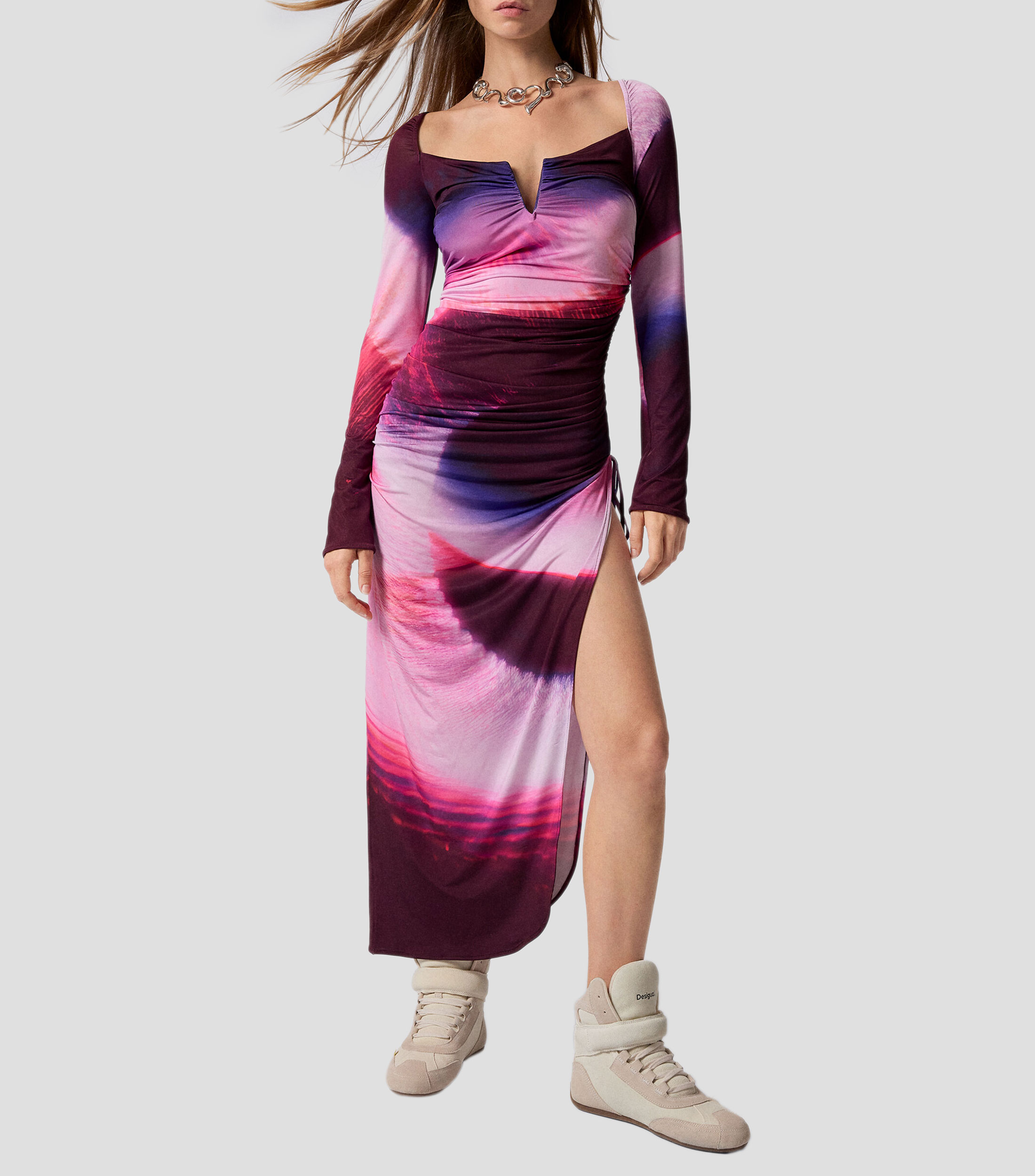 Vestido largo manga larga estampado Paris Mujer