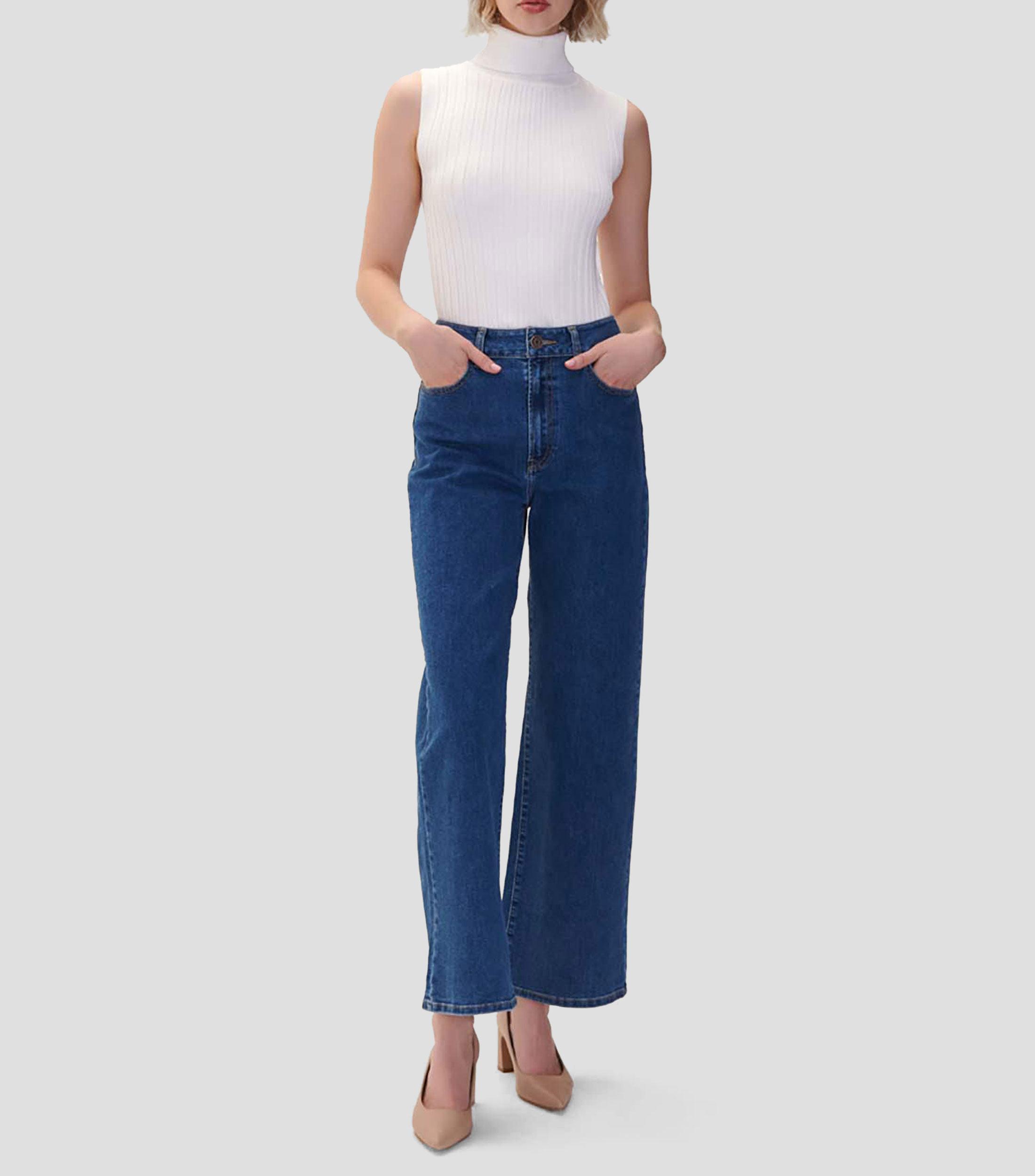 Jeans Wideleg Tiro Alto Azul Medio Mujer