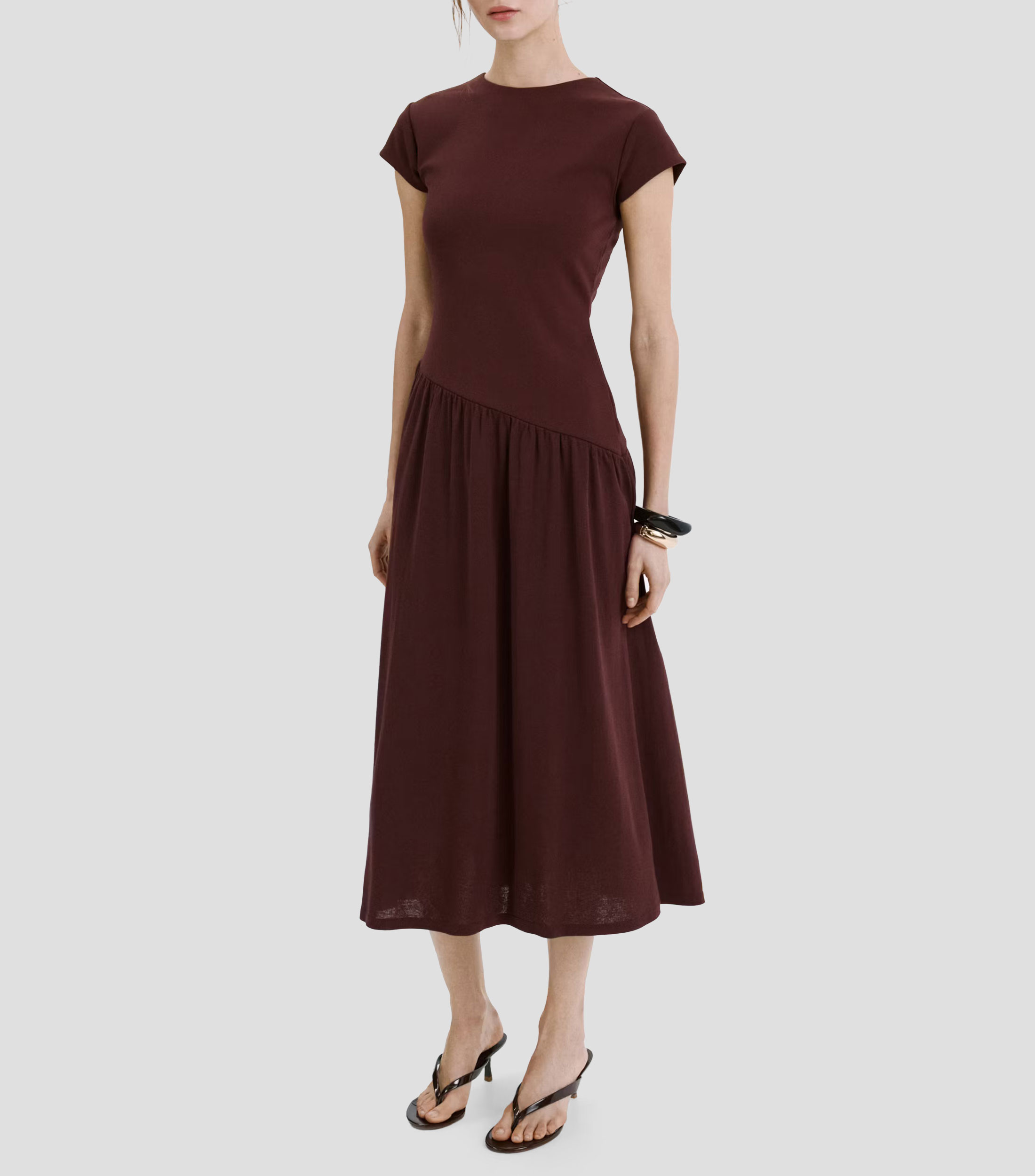 Vestido midi manga corta liso Mujer