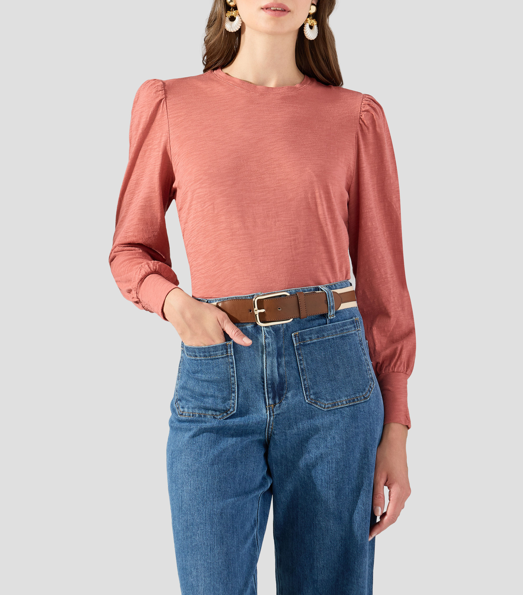 Playera cuello redondo manga larga lisa Mujer