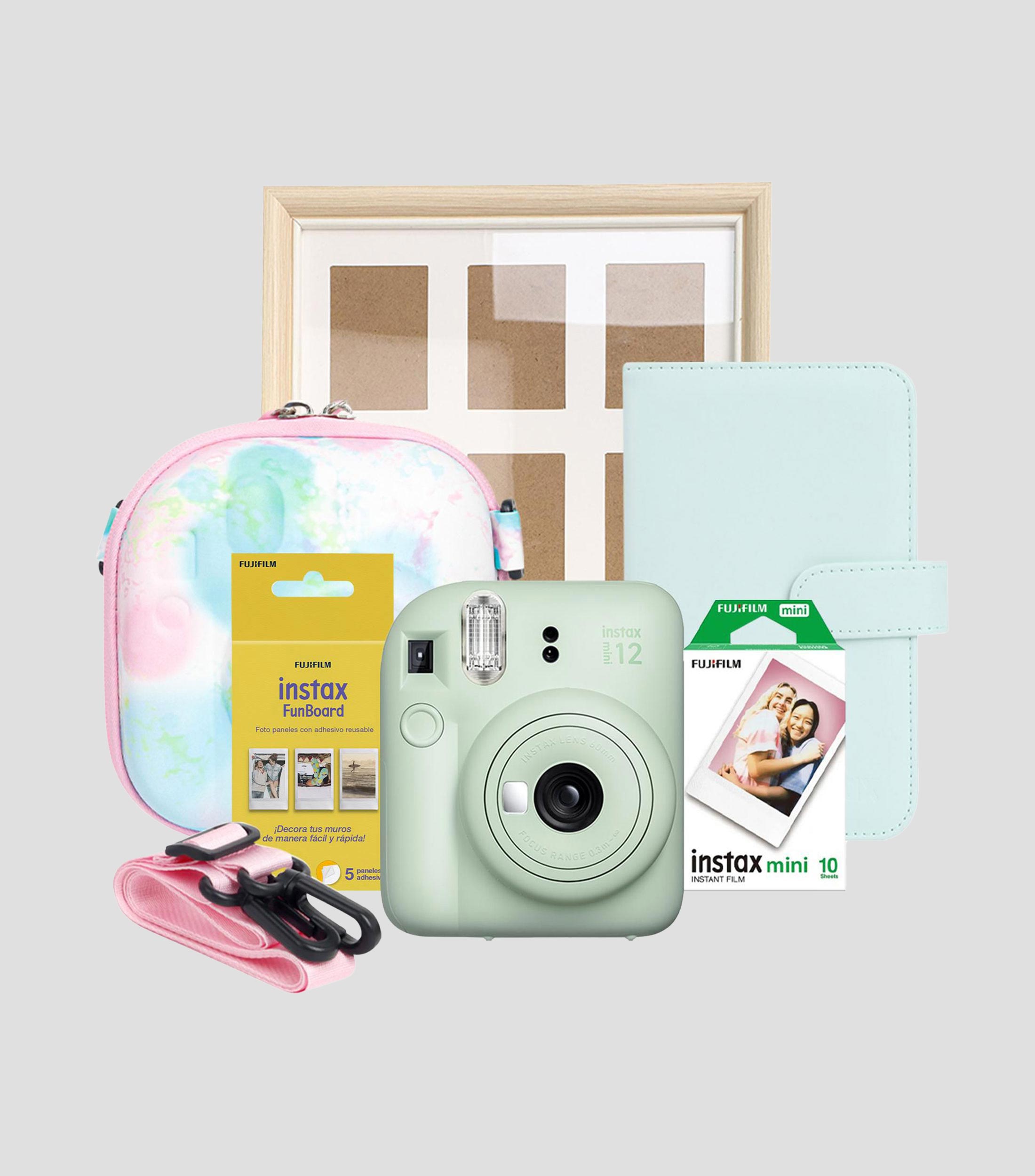 Kit Instax Mini 12 + Correa para la muñeca, 1 cartuchos de 10 películas, panel adhesivo Funboard (5 piezas), Funda, Álbum 108 fotos, Marco de madera para 6 fotos