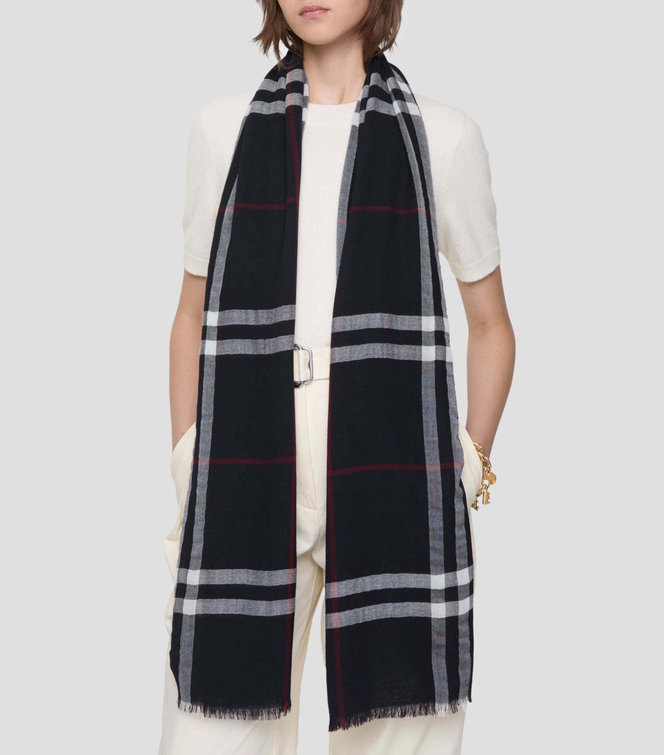 Pañuelo ancho en lana Check Mujer