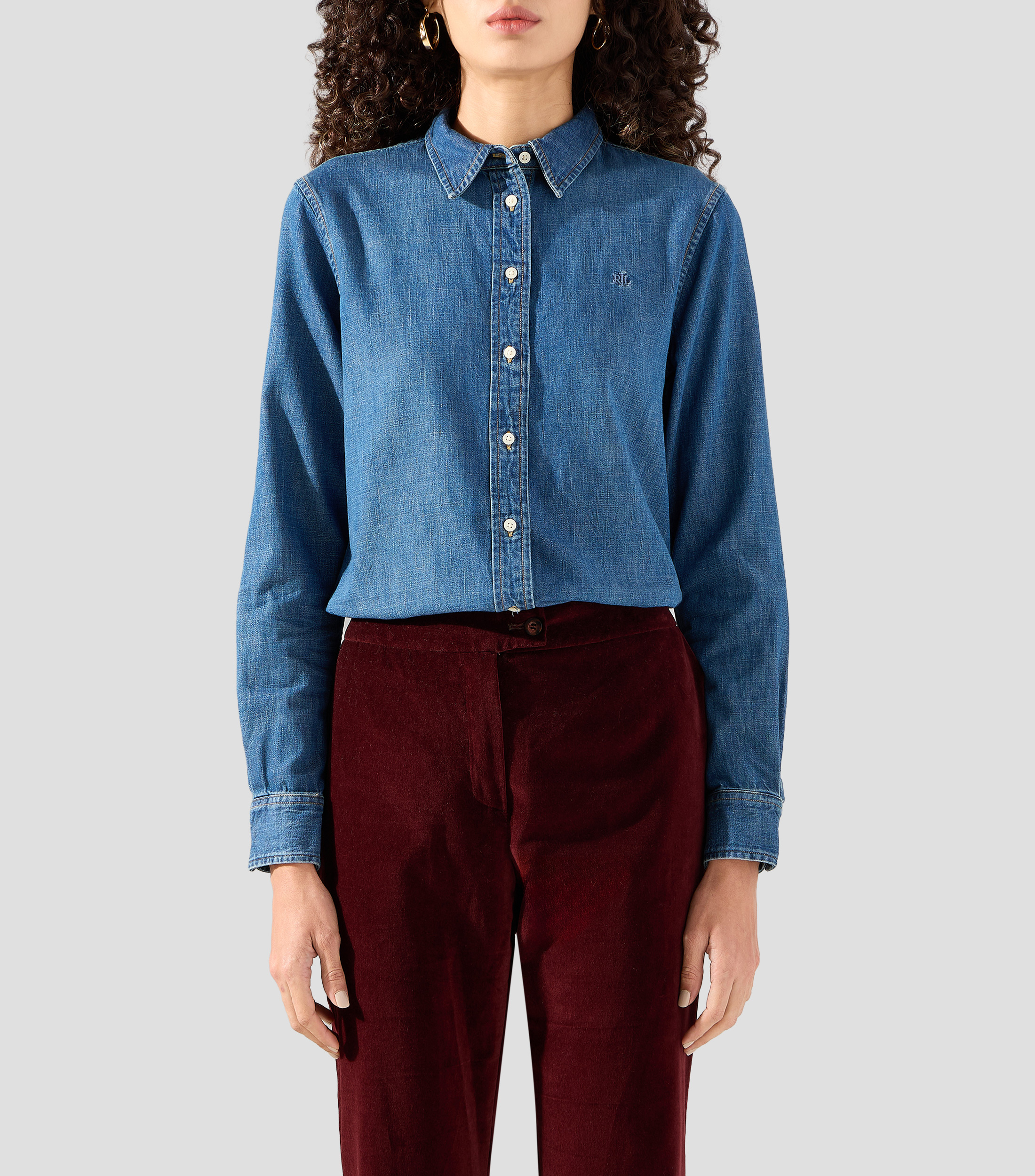 Camisa jaspeada Denim manga larga Mujer