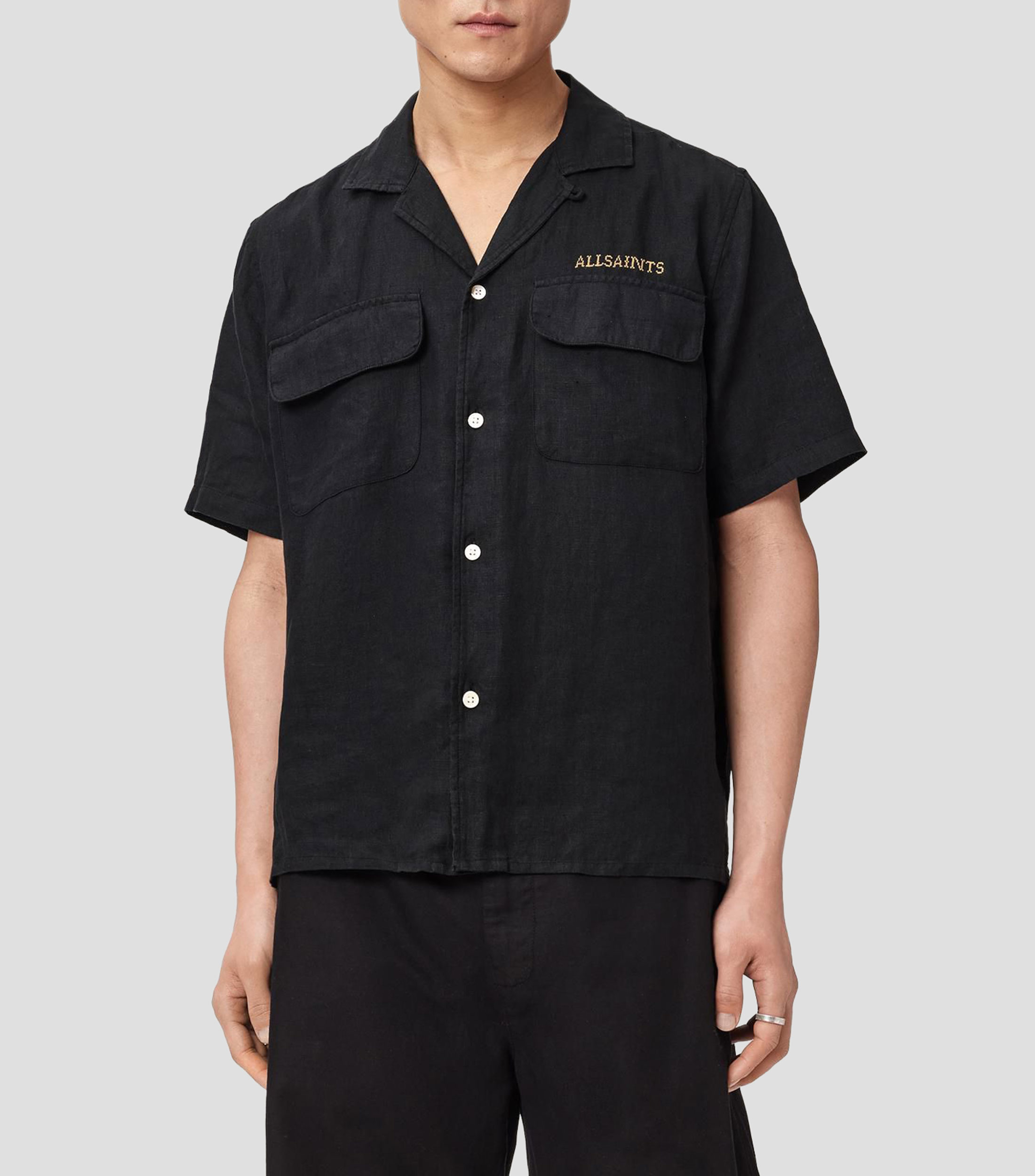 Camisa lisa de lino con manga corta Hombre