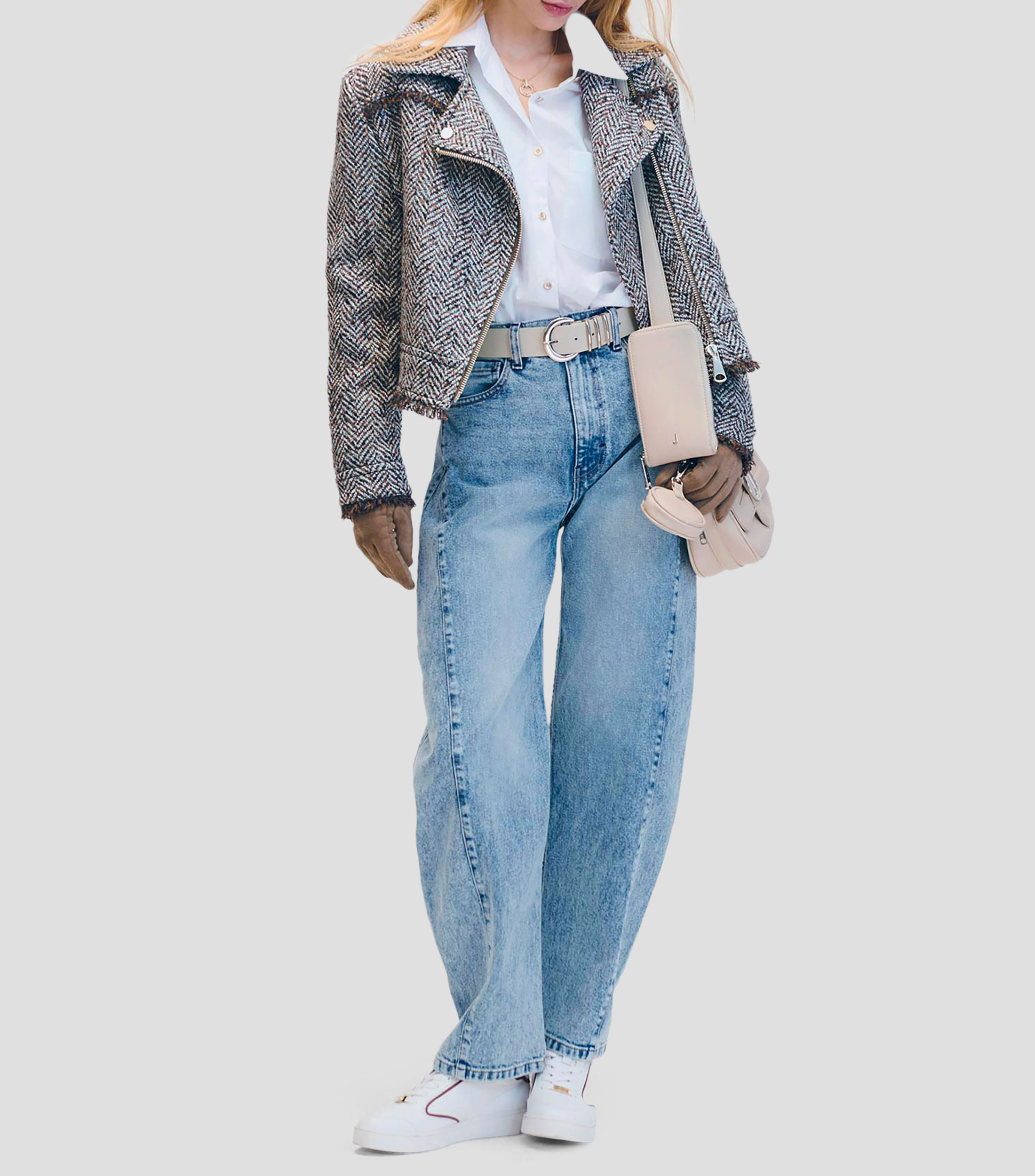 Chamarra Biker De Tweed Café Acabado En Flecos Mujer