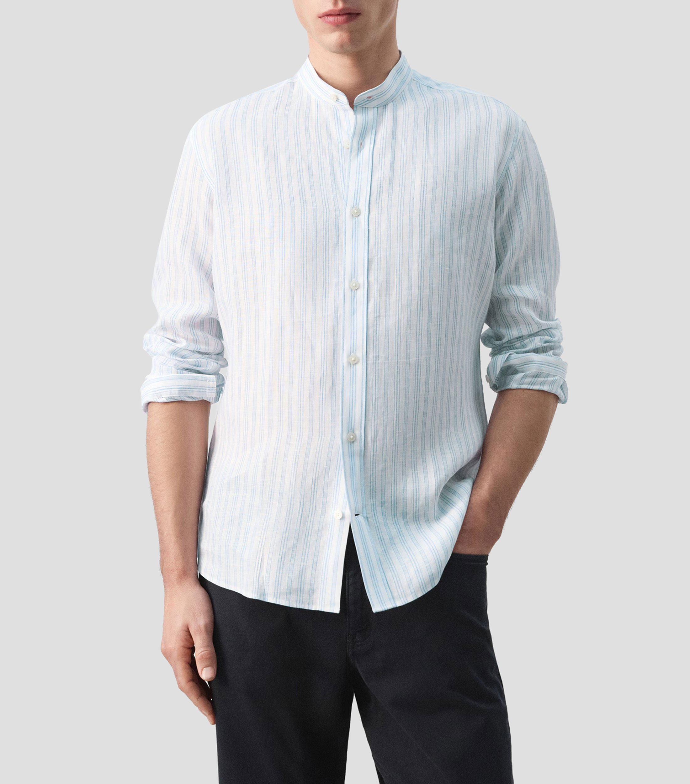 Camisa lisa cuello mao manga larga Hombre
