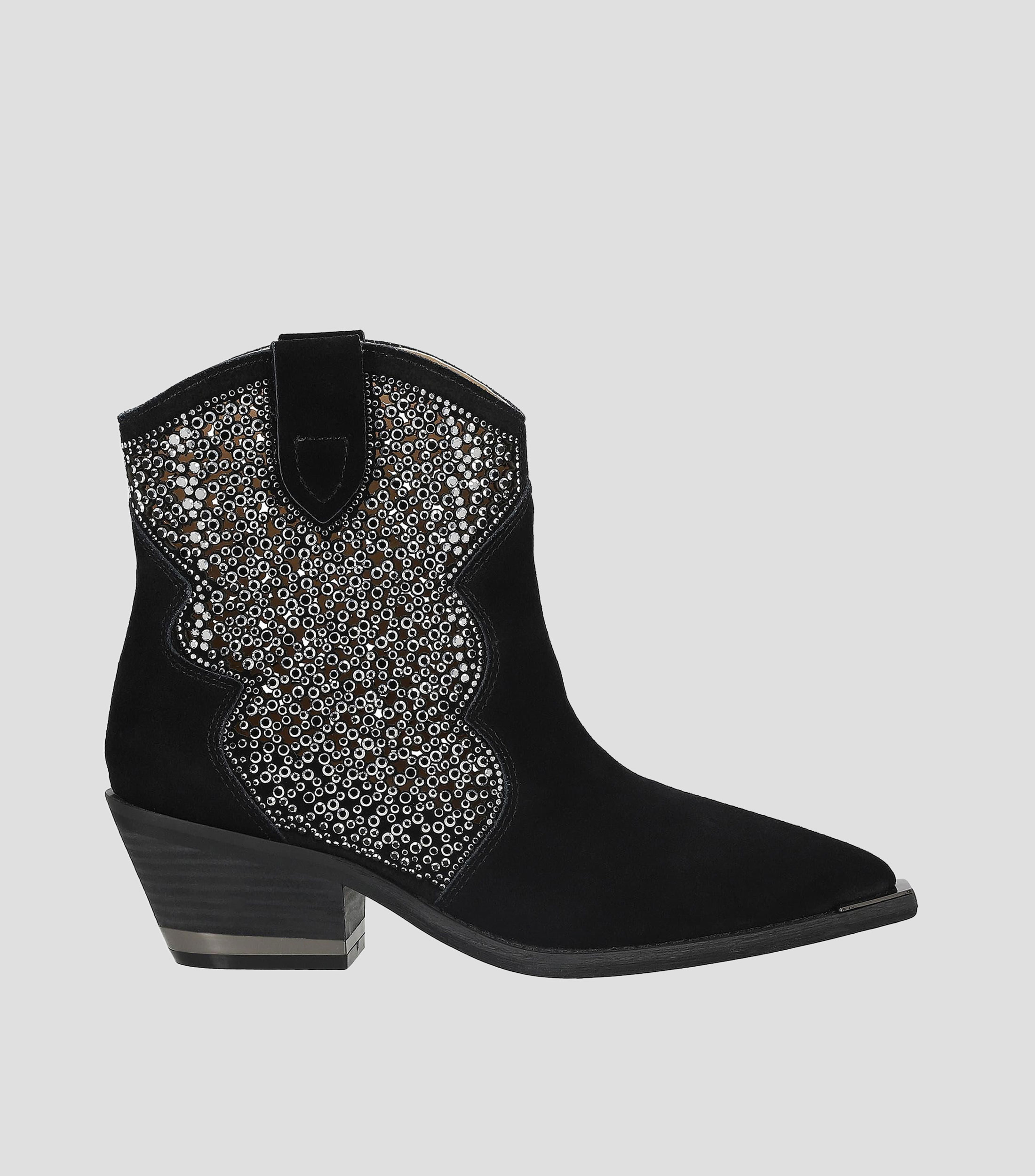 Botines vaqueros de gamuza con tacon medio ancho y pedreria Mujer