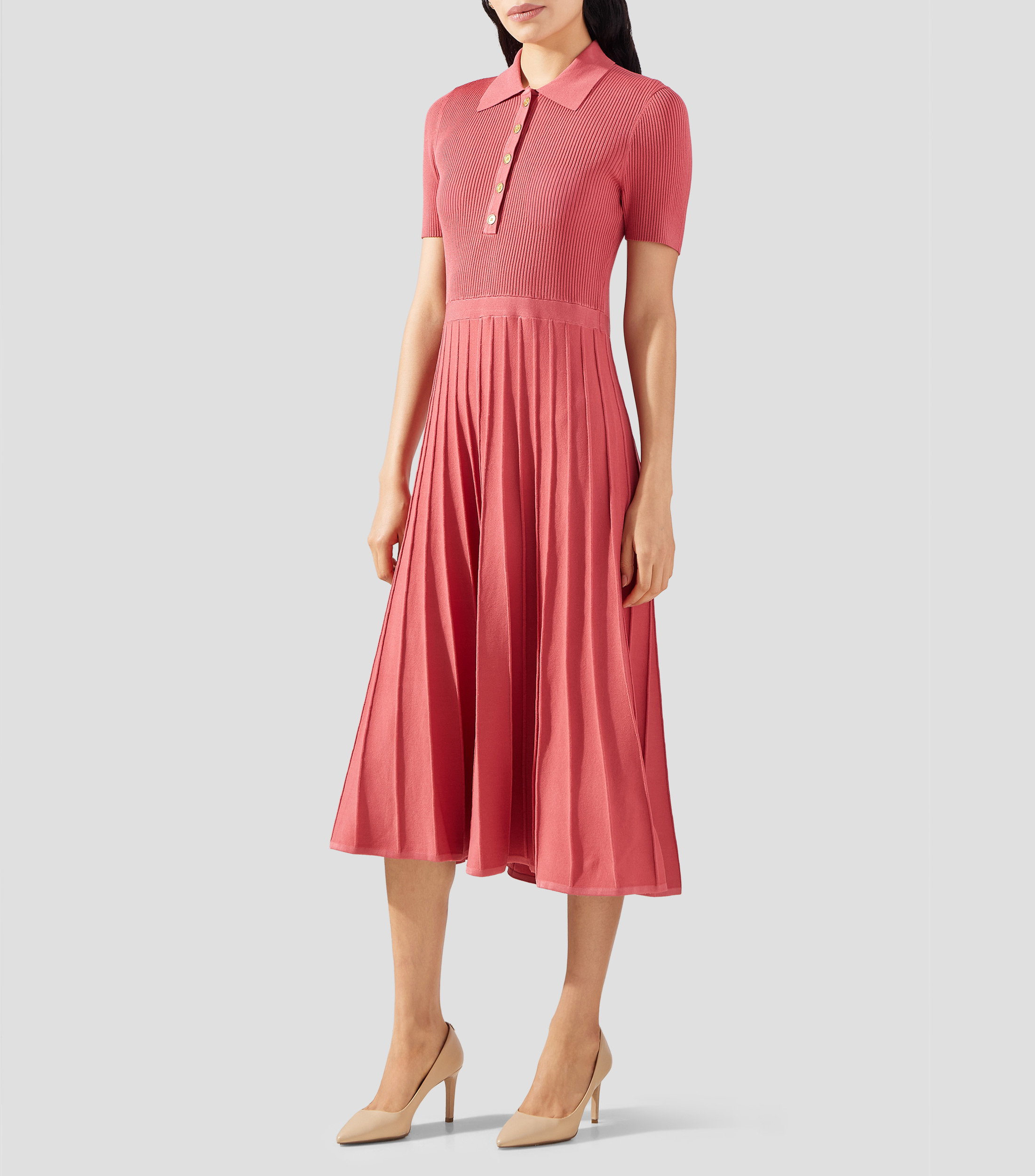Vestido midi manga corta liso Mujer