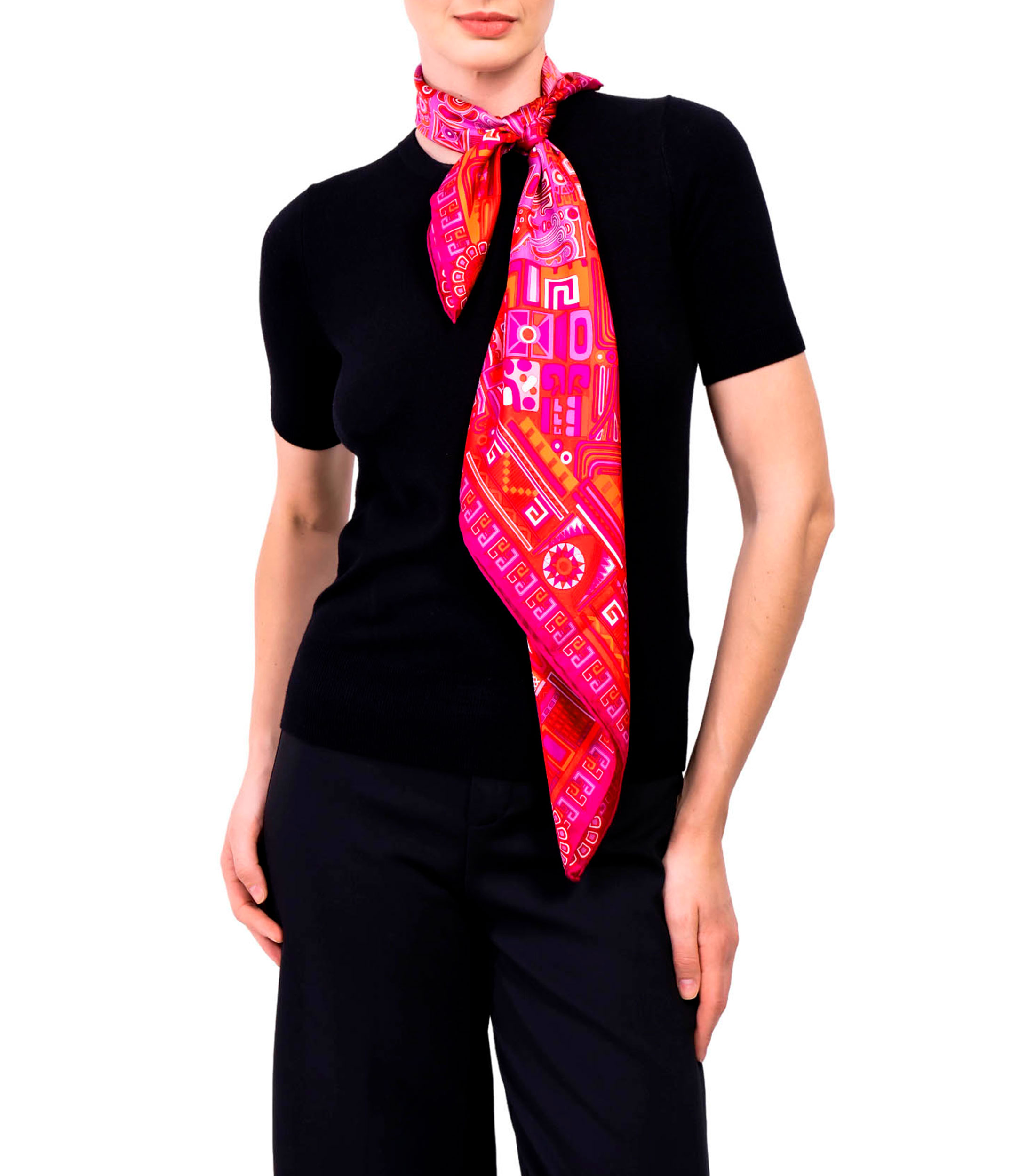 Mascada de seda rosa con decorado prehispánico Mujer