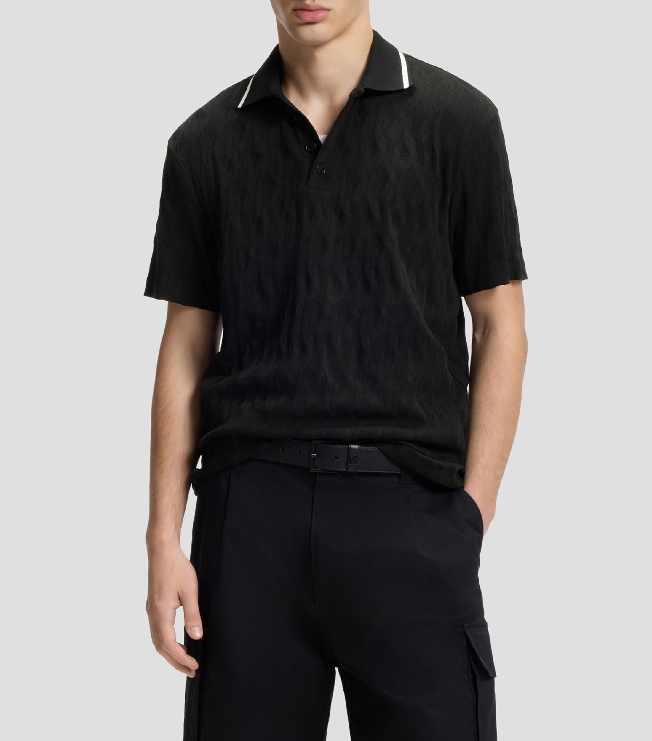 Polo de jacquard de algodón con raya en el cuello Hombre