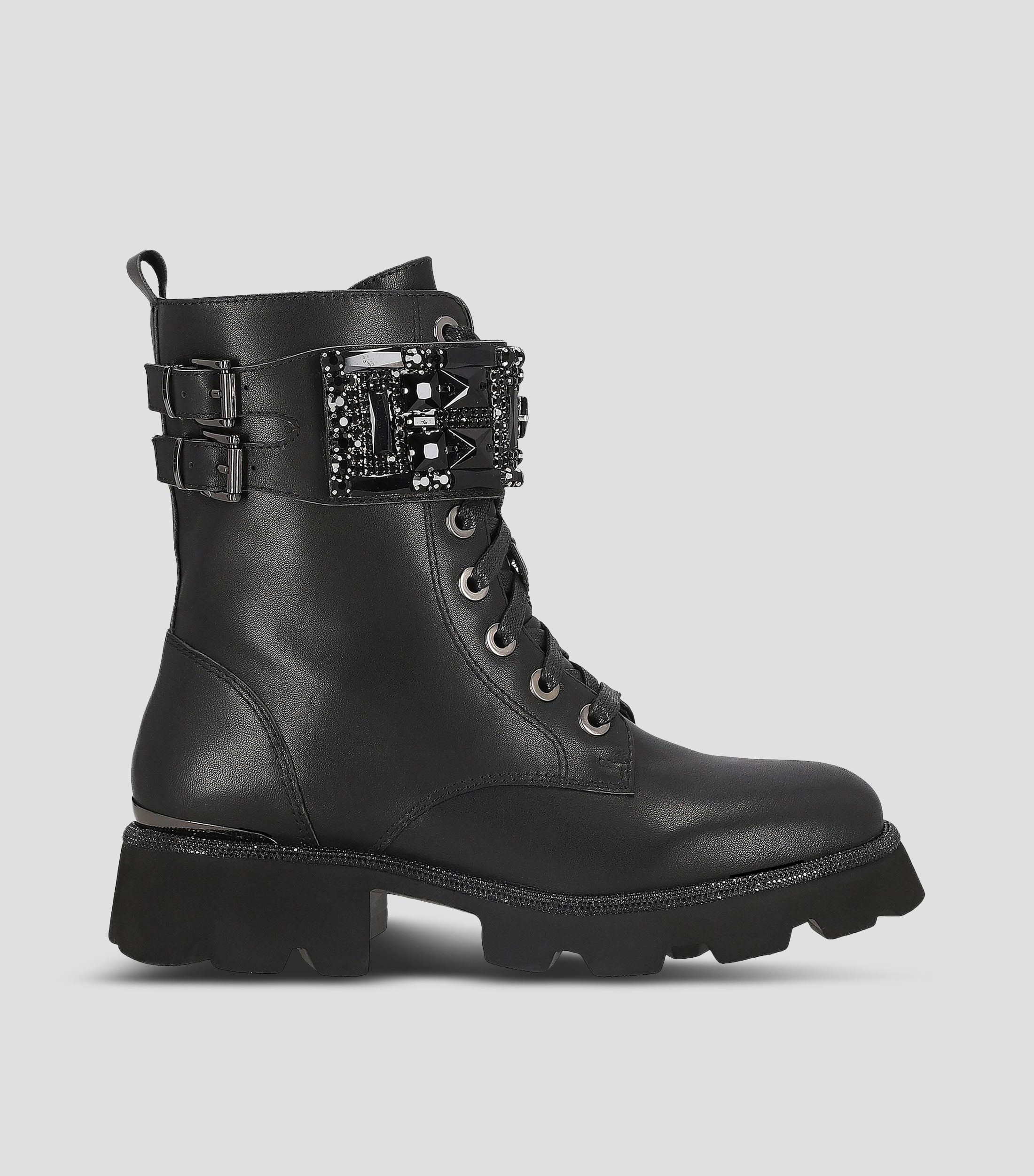 Botines combat en piel con tacón bajo de 4 cm ancho Mujer