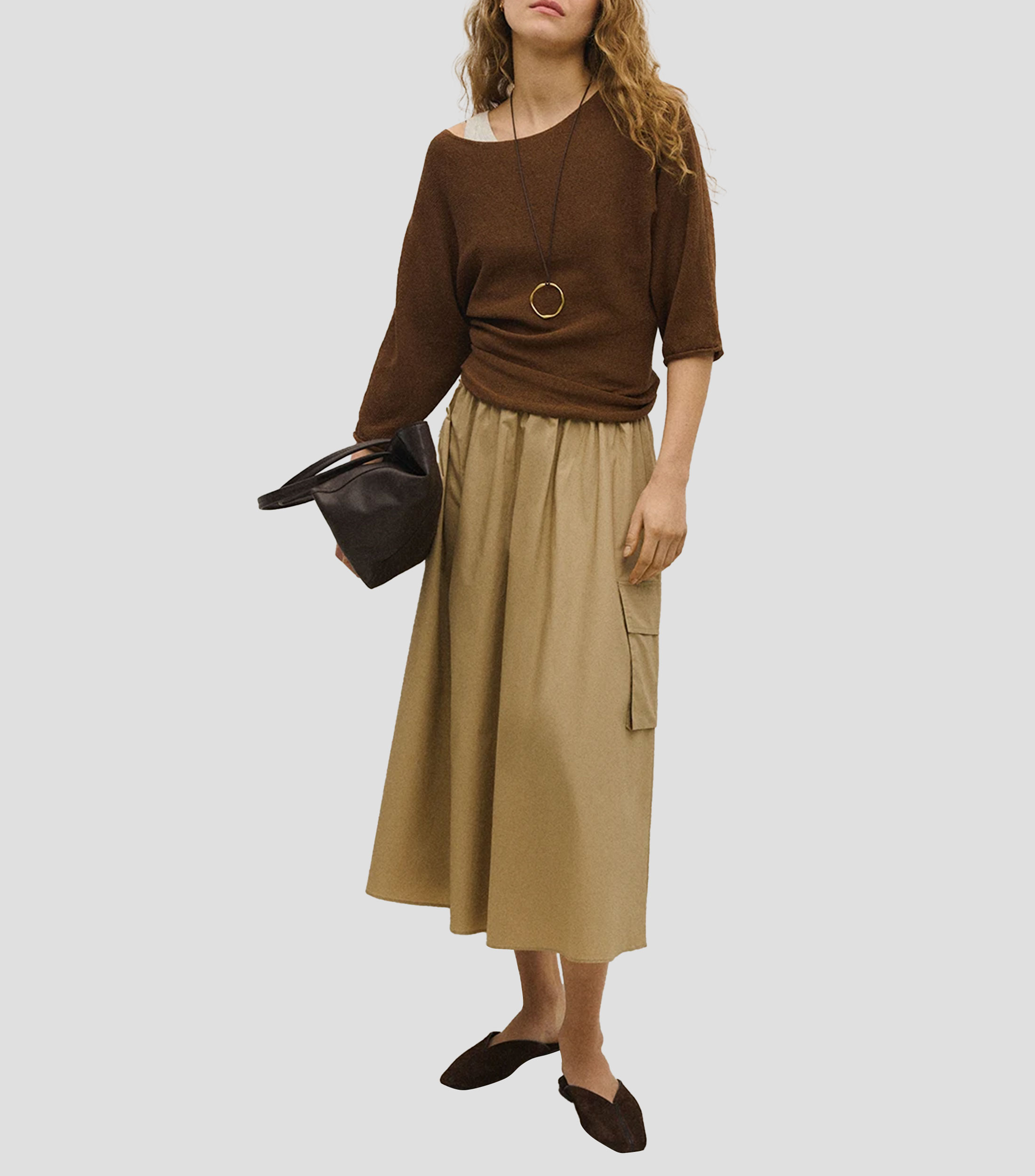 Falda midi de corte evasé lisa Mujer