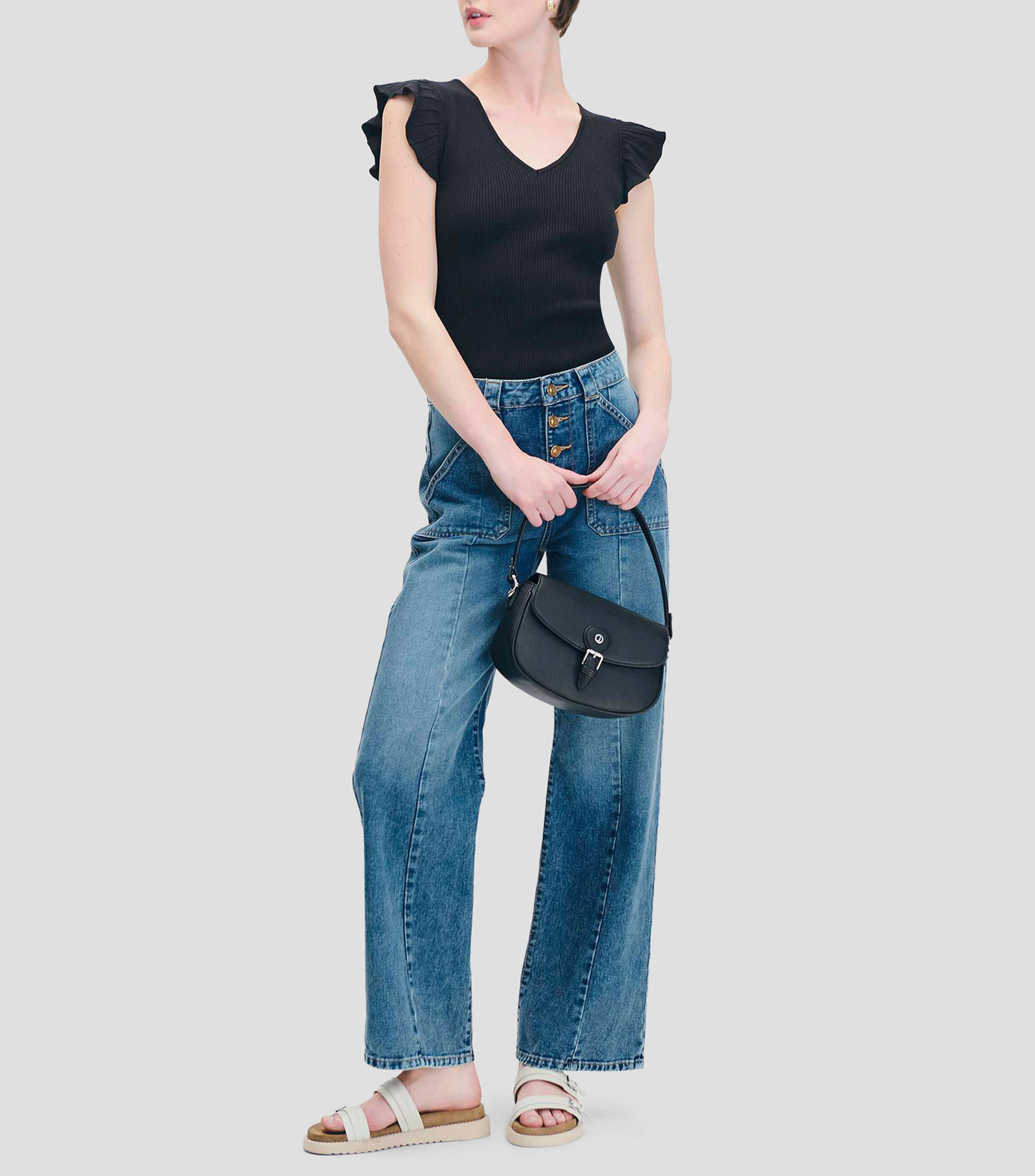 Blusa tejido canalé escote V manga escarola Mujer