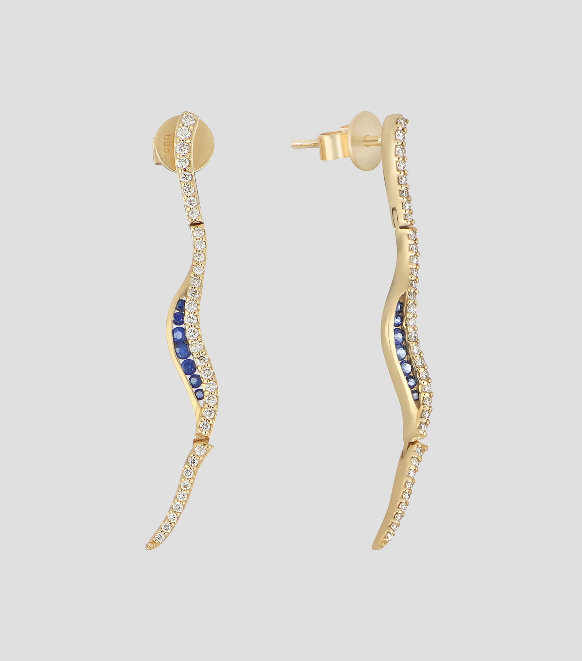 Aretes en oro amarillo de 14 kilates con zafiros y diamantes Mujer