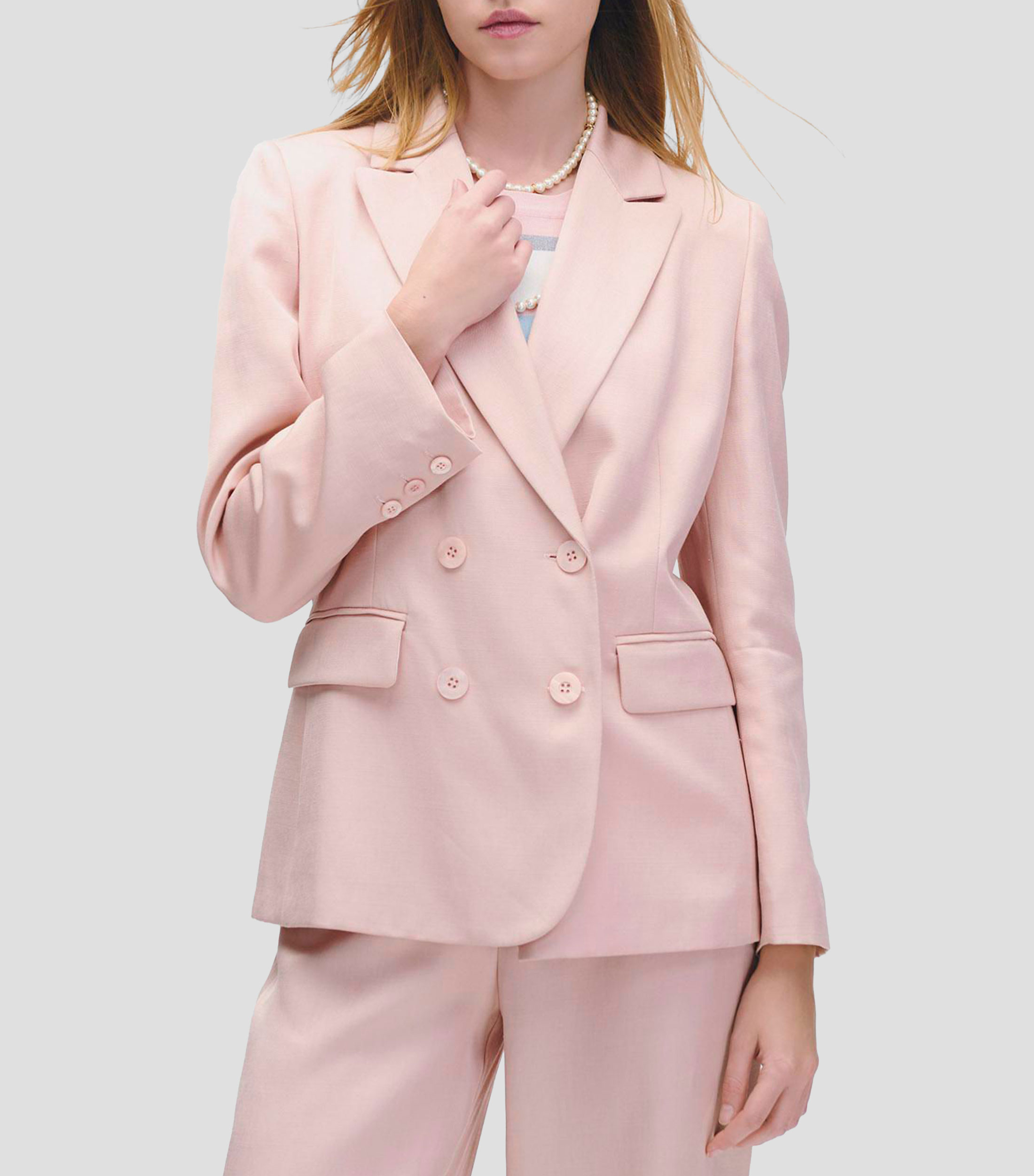 Blazer cruzado rosa claro de lino solapa de pico Mujer