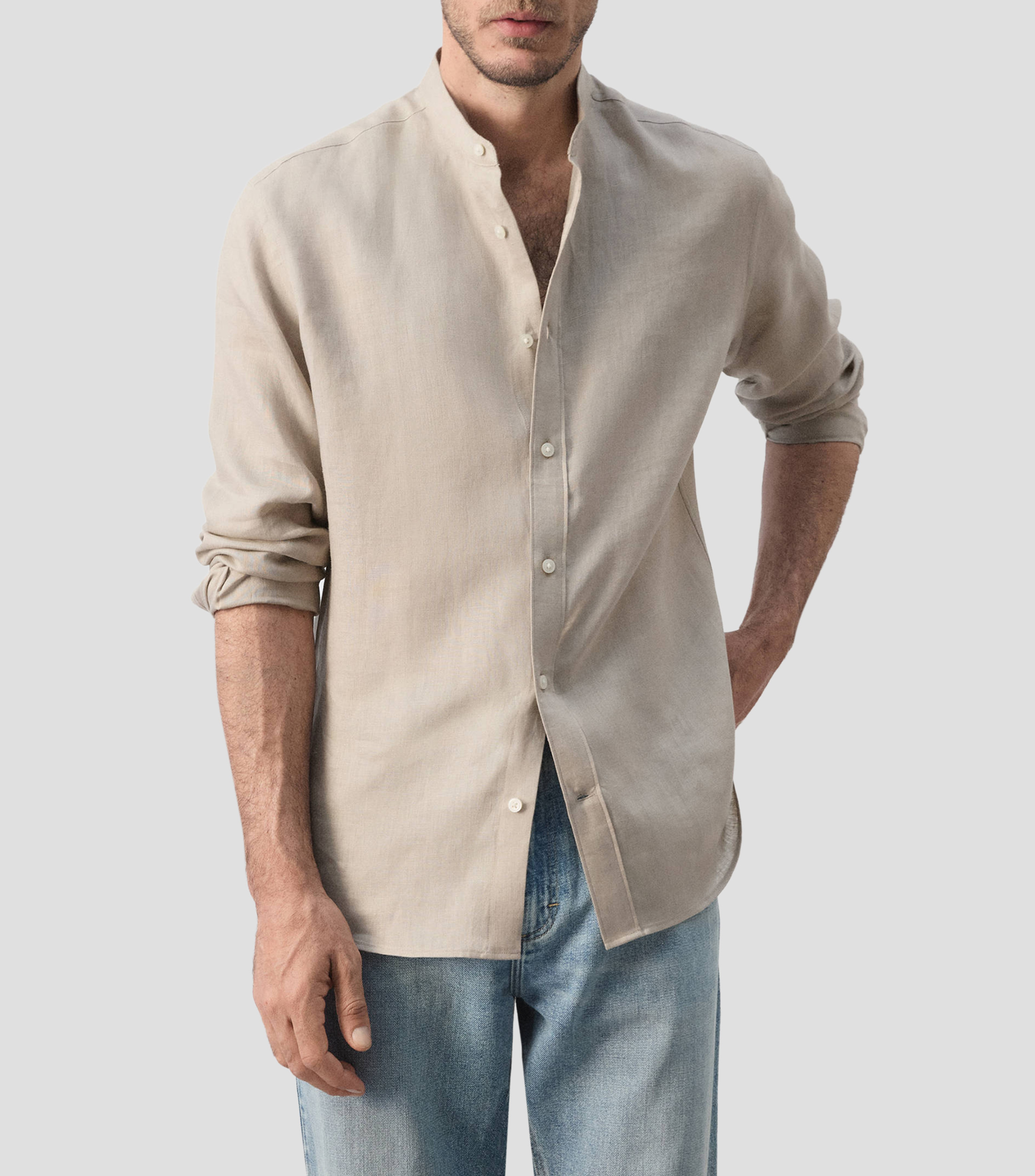 Camisa lisa de lino cuello mao manga larga Hombre