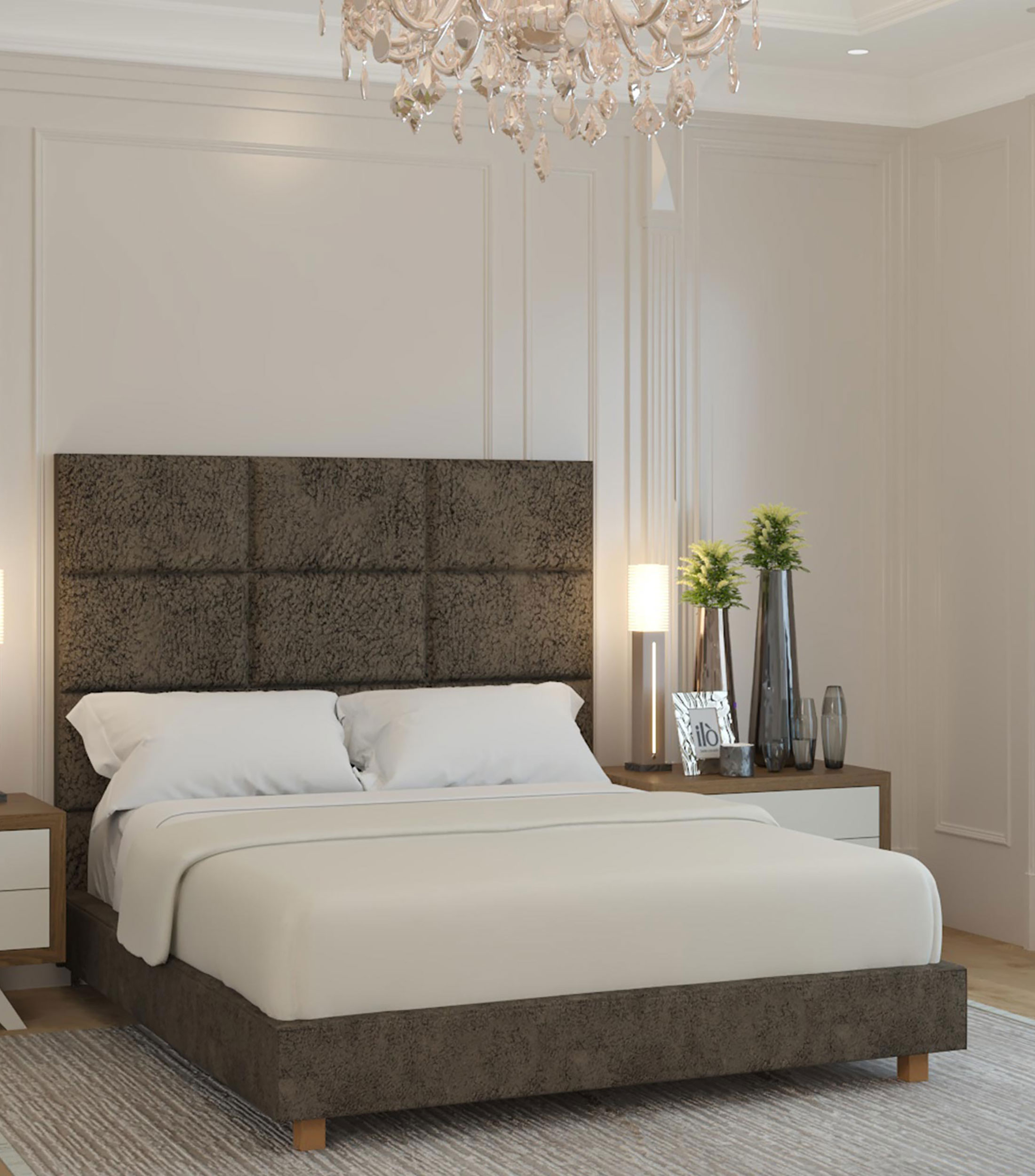 Cama Queen Size Alta Antilope Taupe Brick en tela