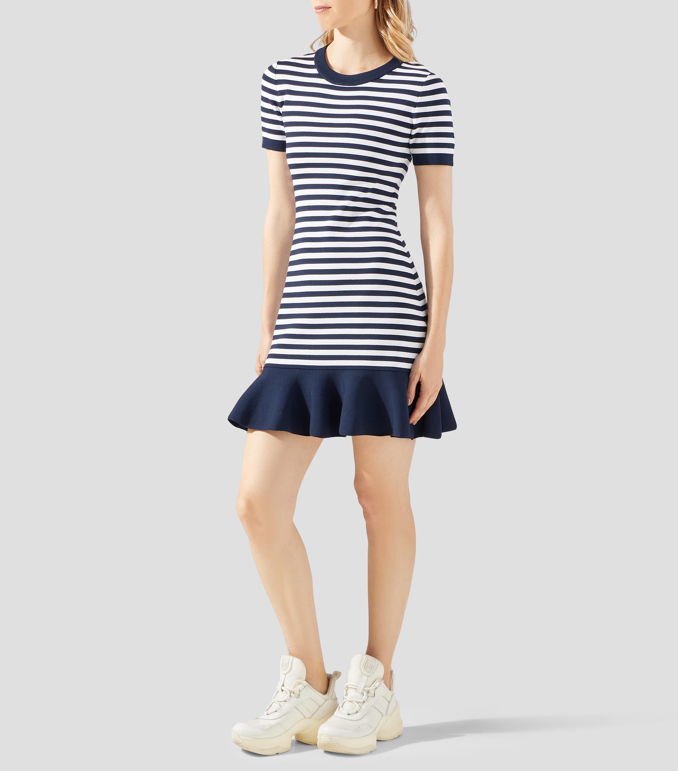 Vestido corto manga corta de rayas Mujer
