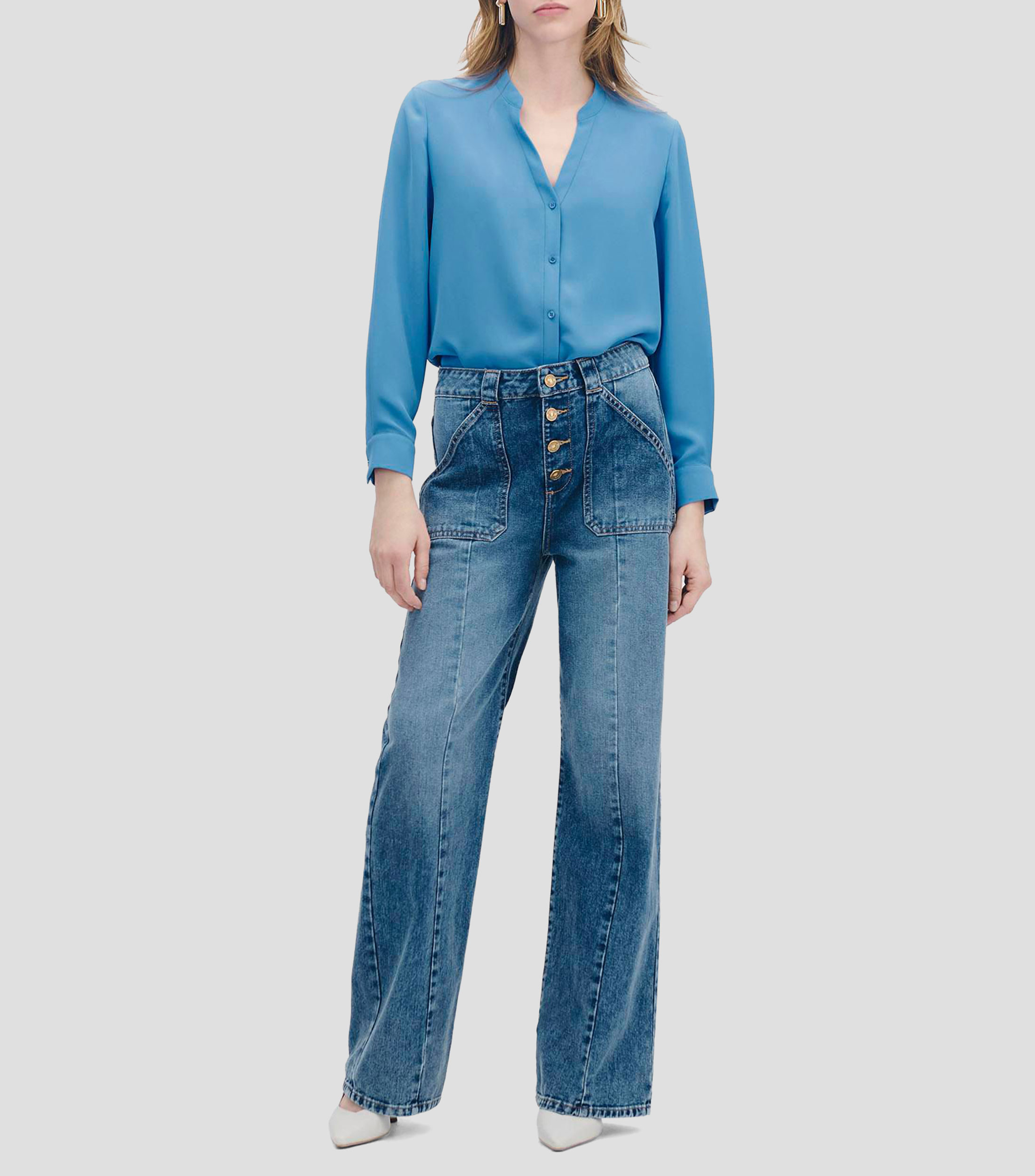 Blusa Azul Azulino Cuello Mao Escote V Mujer