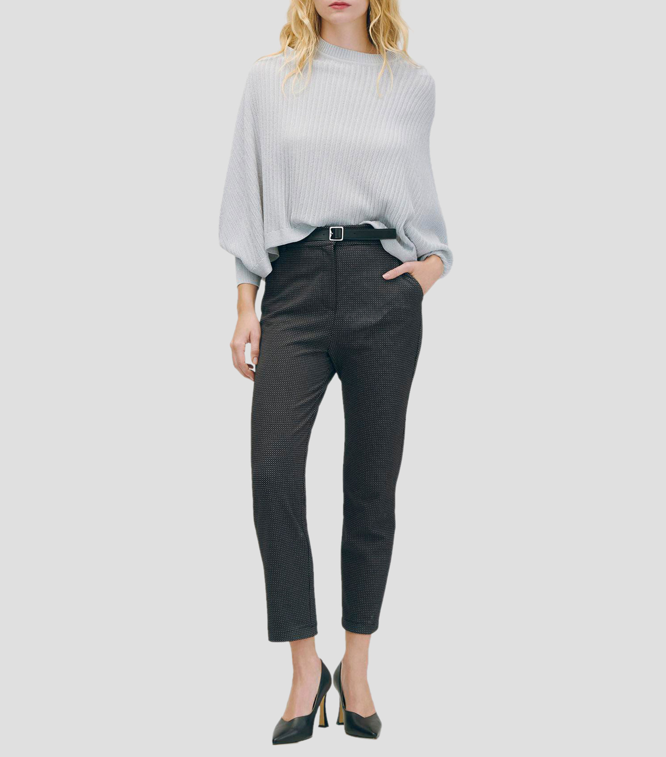 Pantalón Recto Negro Jacquard Con Stretch Tiro Alto Mujer