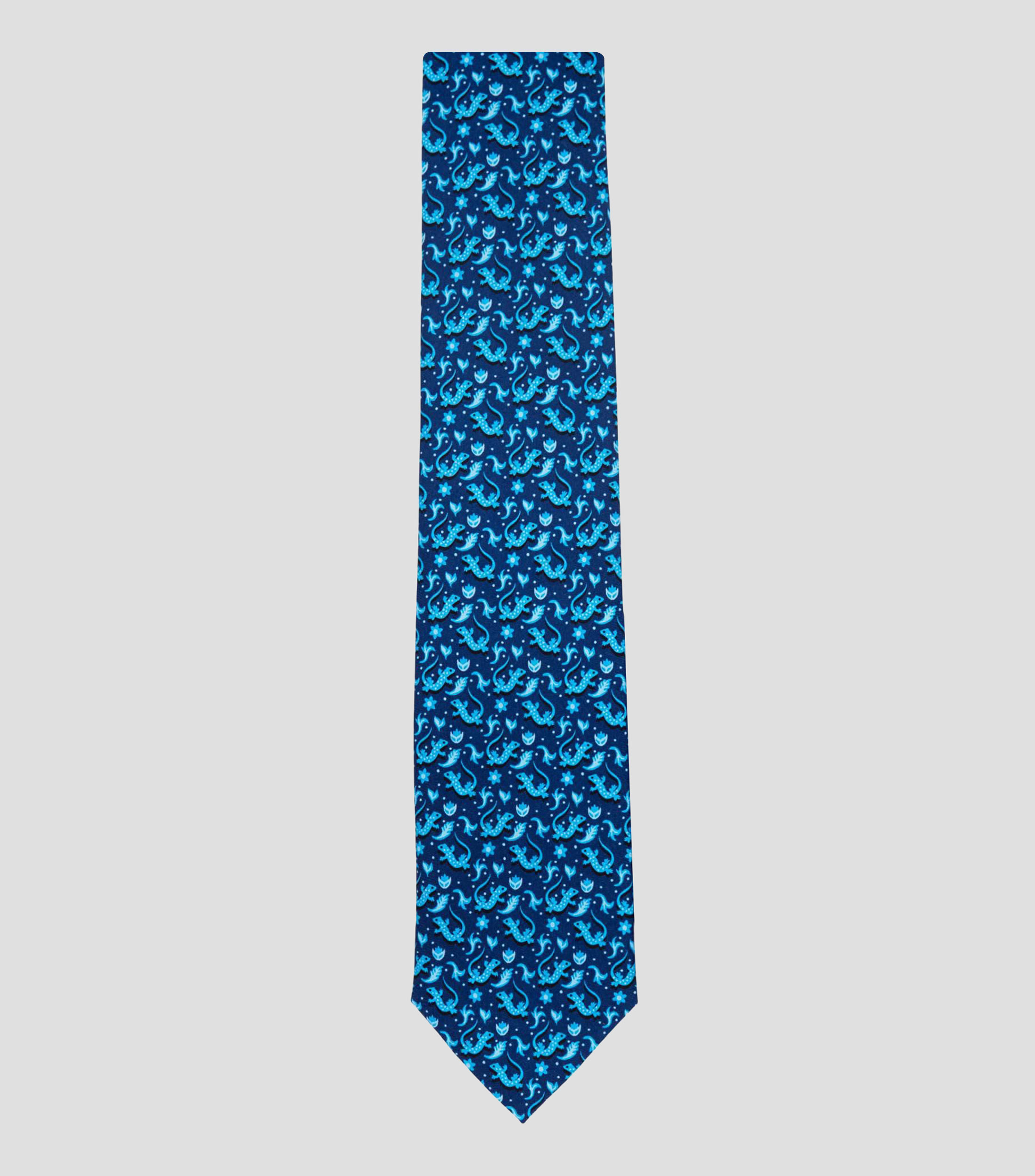 Corbata ancha de seda azul marino estampado Iguana mexicana
