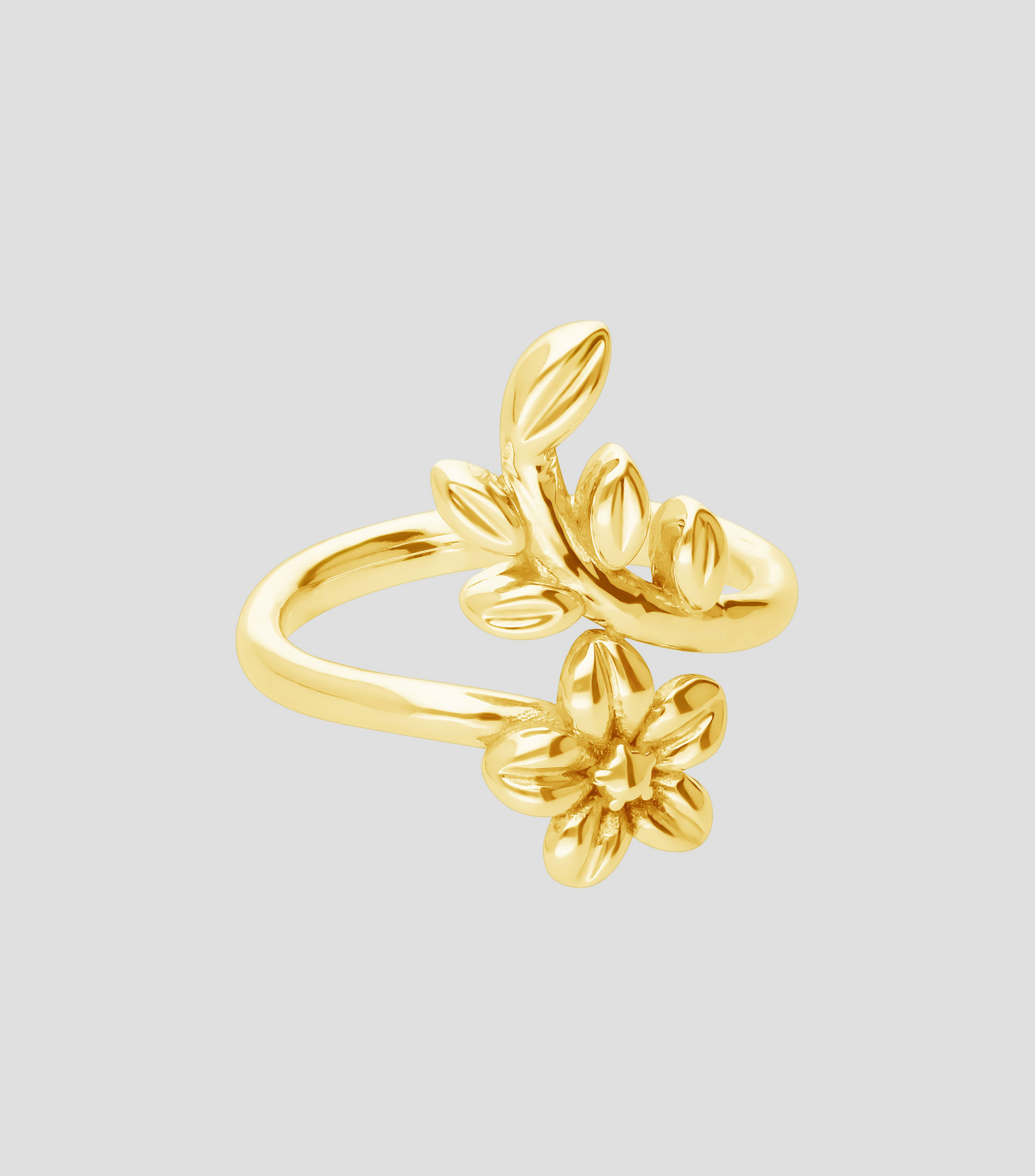 Anillo Cruzado Flor con Hojas Dorado Mujer