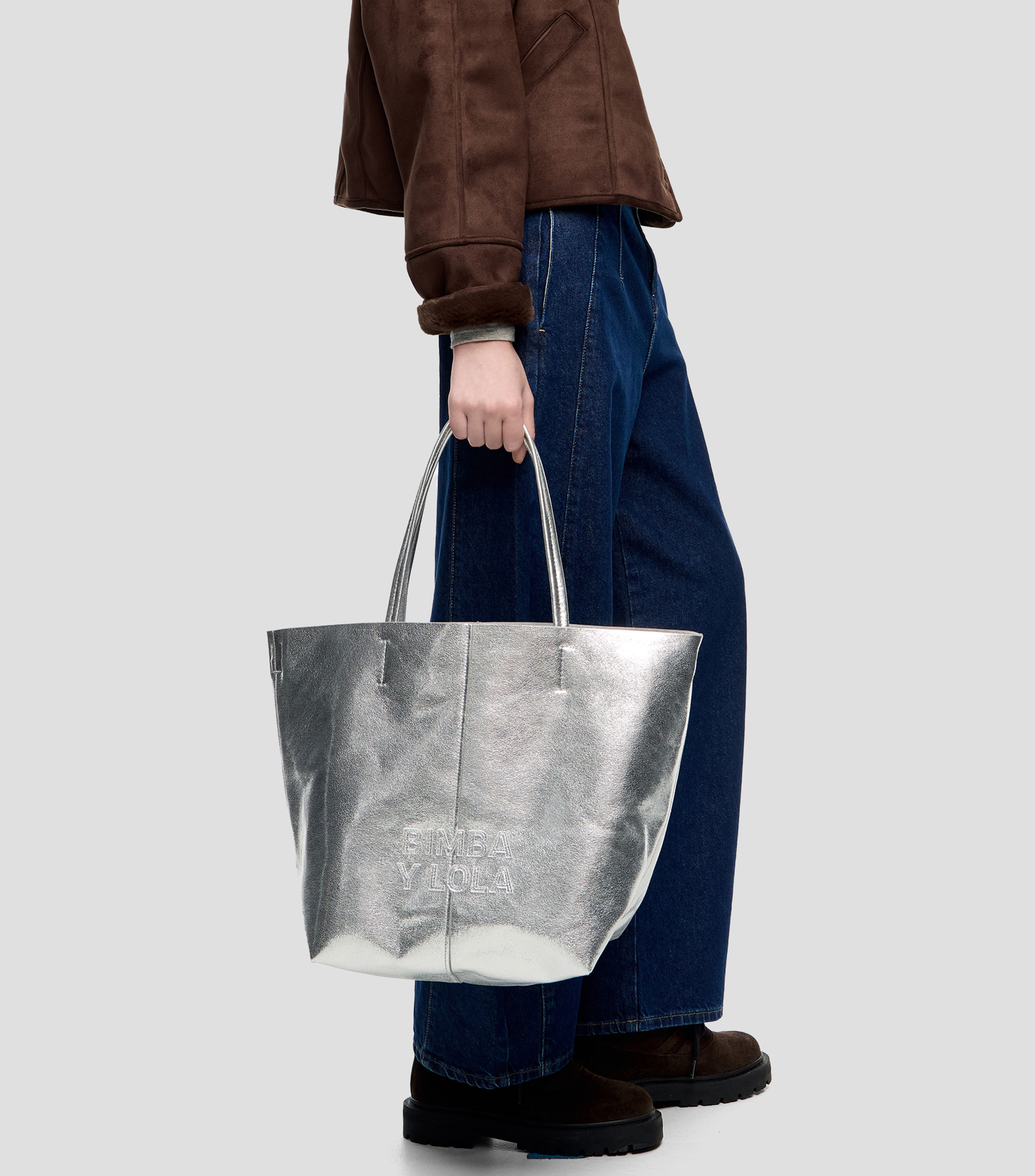 Bolso tote grande piel plata Mujer