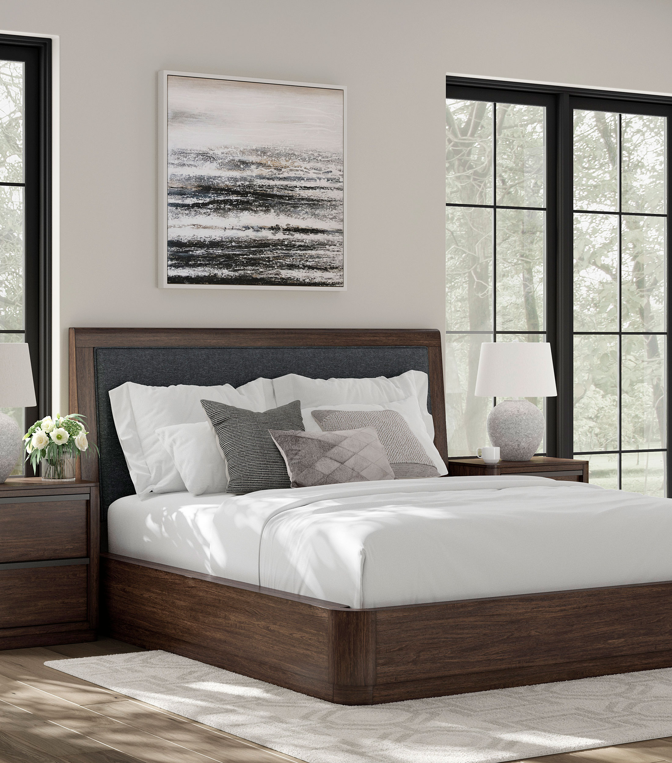 Cama king size Kenta en madera, chapa de mango y MDF