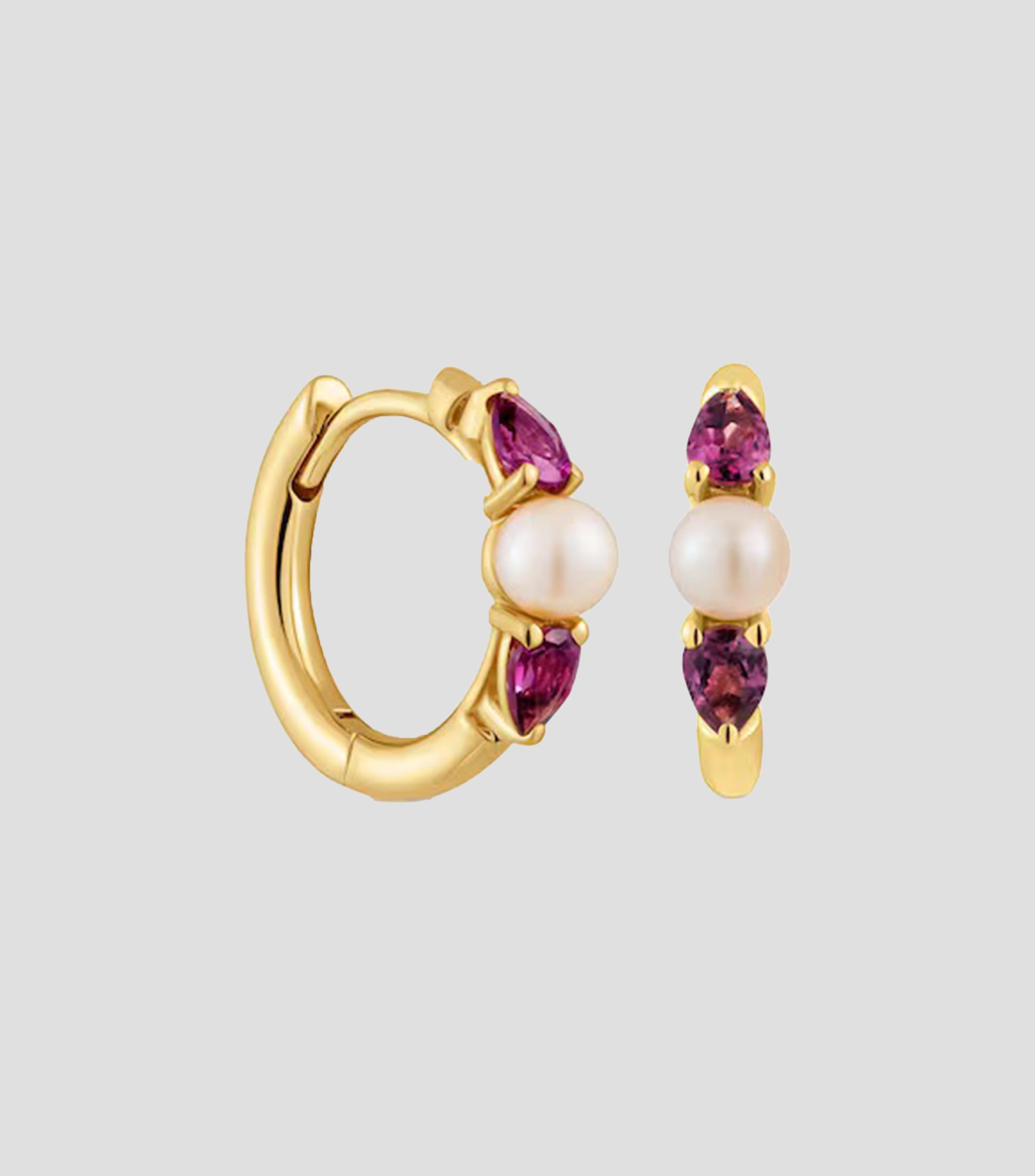 Aretes en Oro amarillo de 18 Kilates Ivette con rodolita y perla Mujer