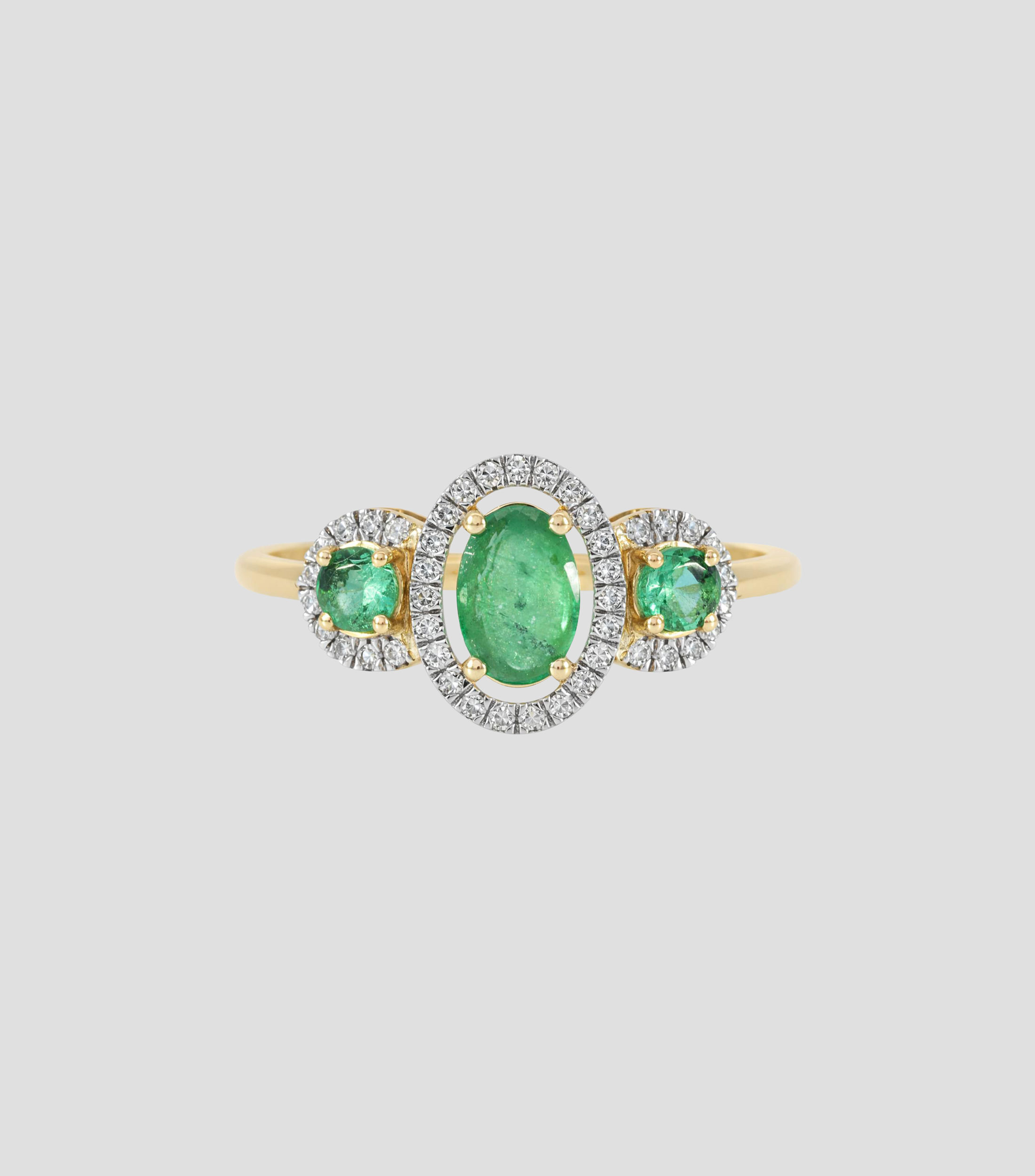 Anillo en Oro amarillo de 14 Kilates con esmeralda y brillantes Mujer