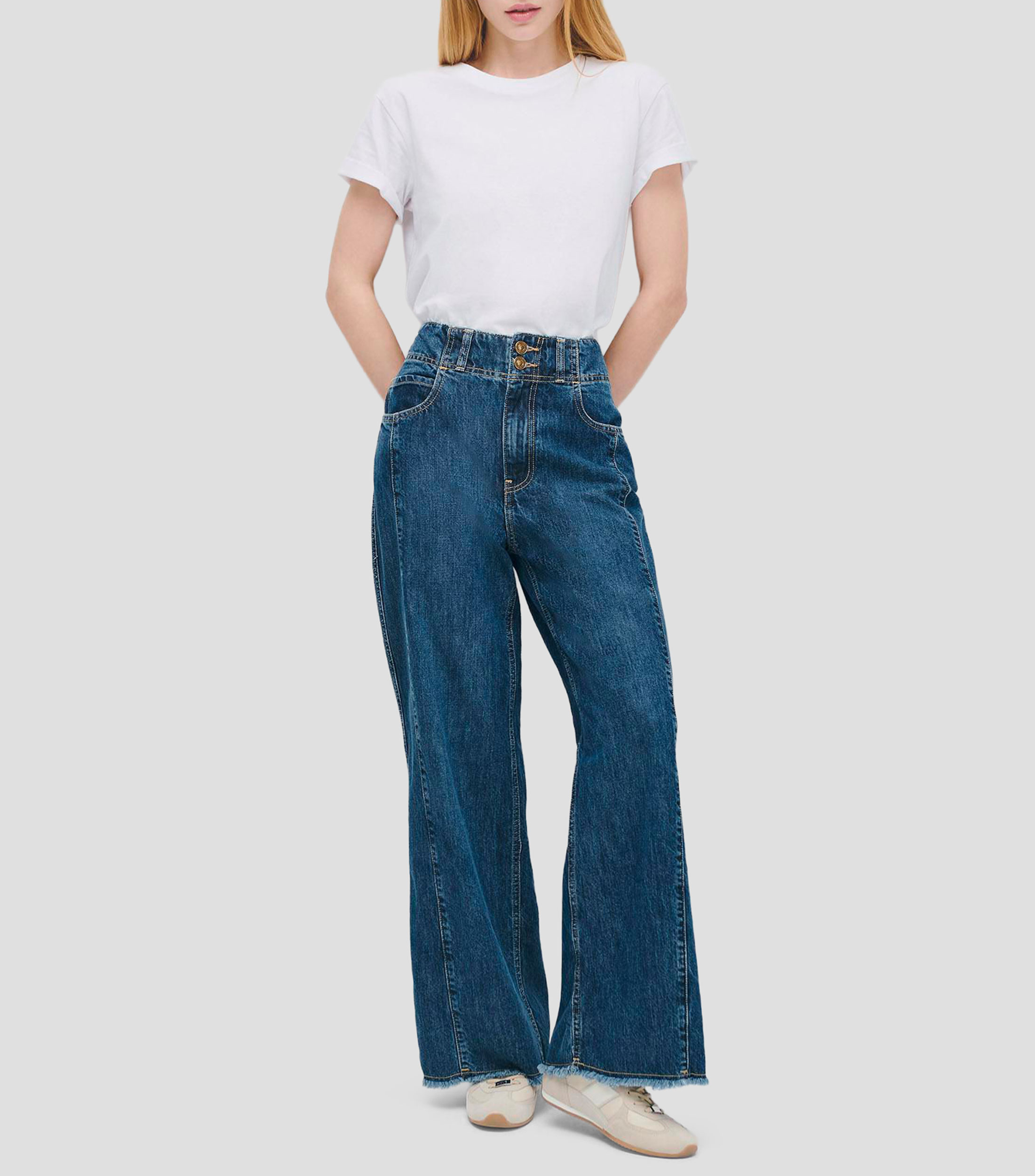 Jeans Wide Leg Tiro Alto Doble Pretina Deshilado Mujer