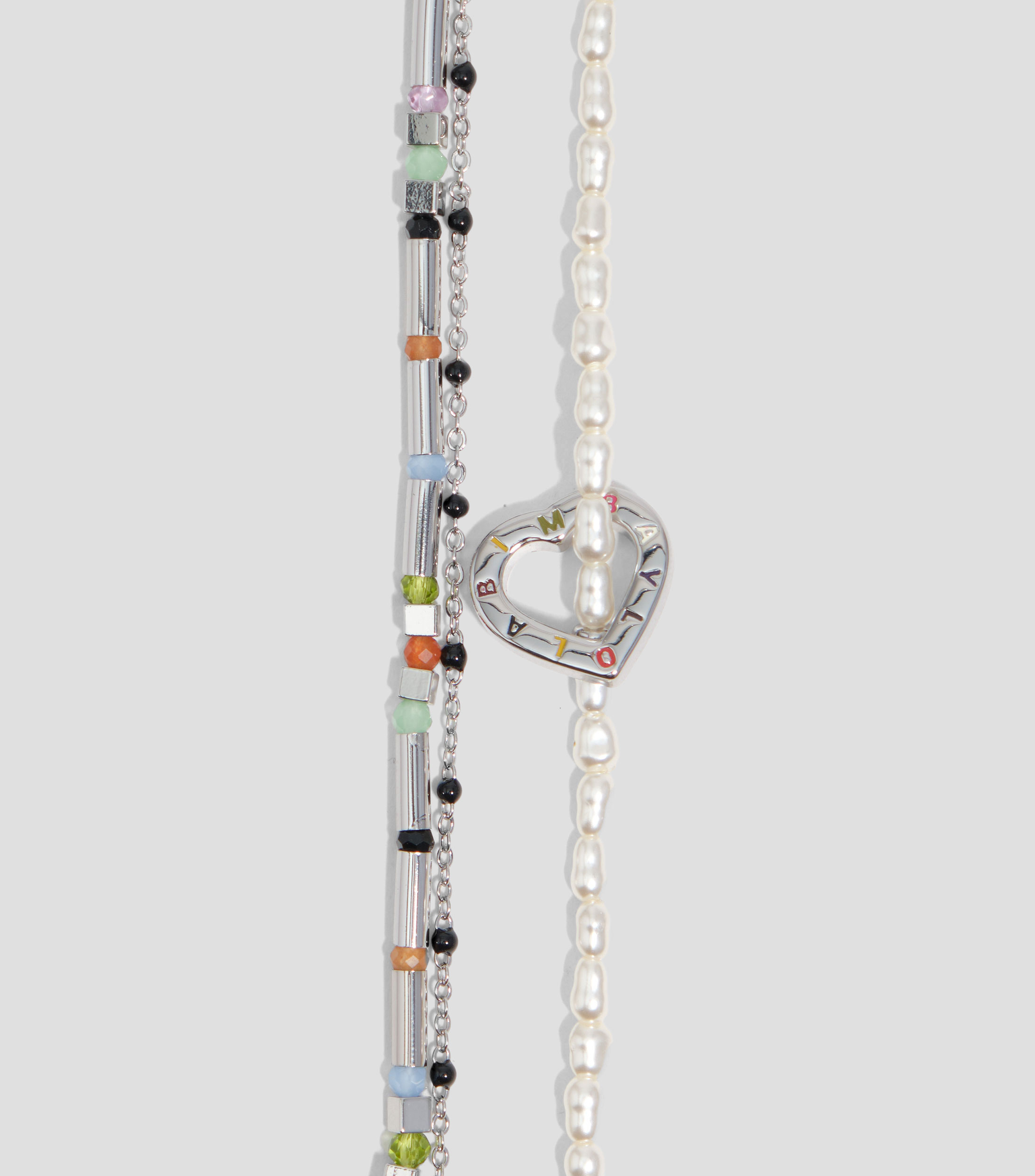 Collar triple cadena y perlas logo corazón plateado Mujer