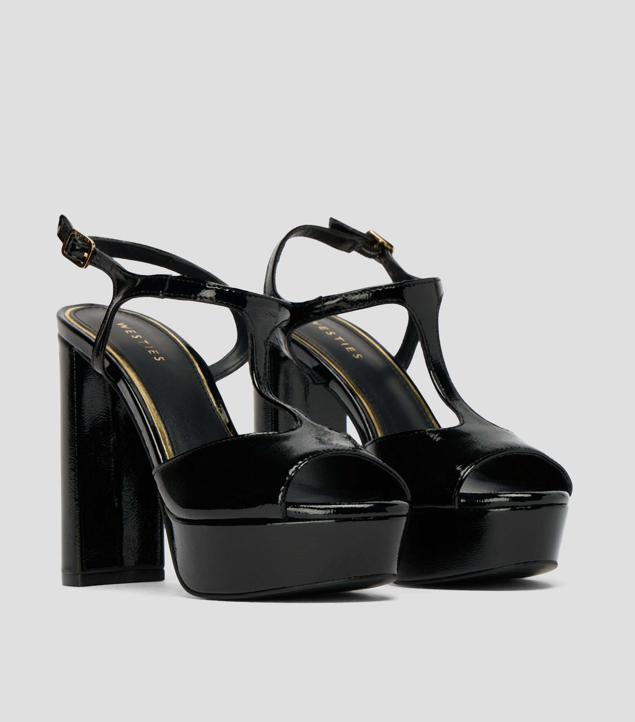 Sandalias casuales tacón alto ancho charol Mujer