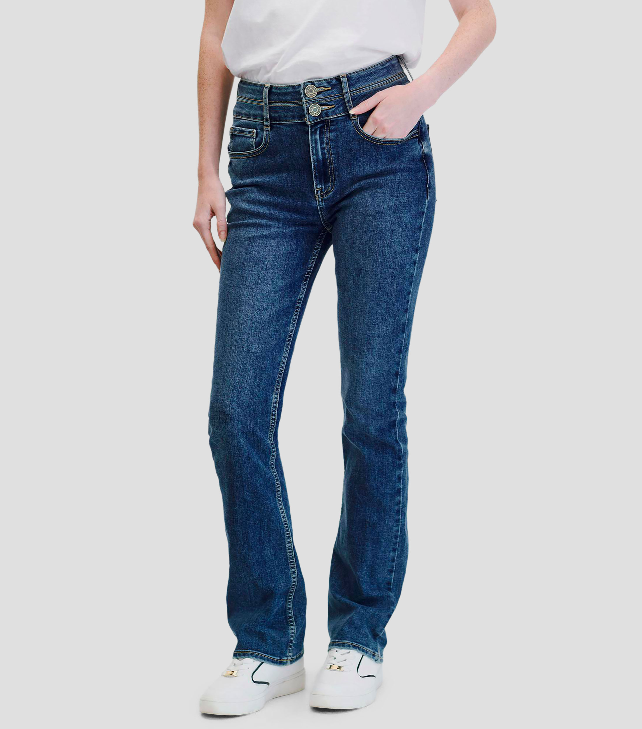 Jeans Acampanados Tiro Alto Azul Medio Pretina Ancha Mujer