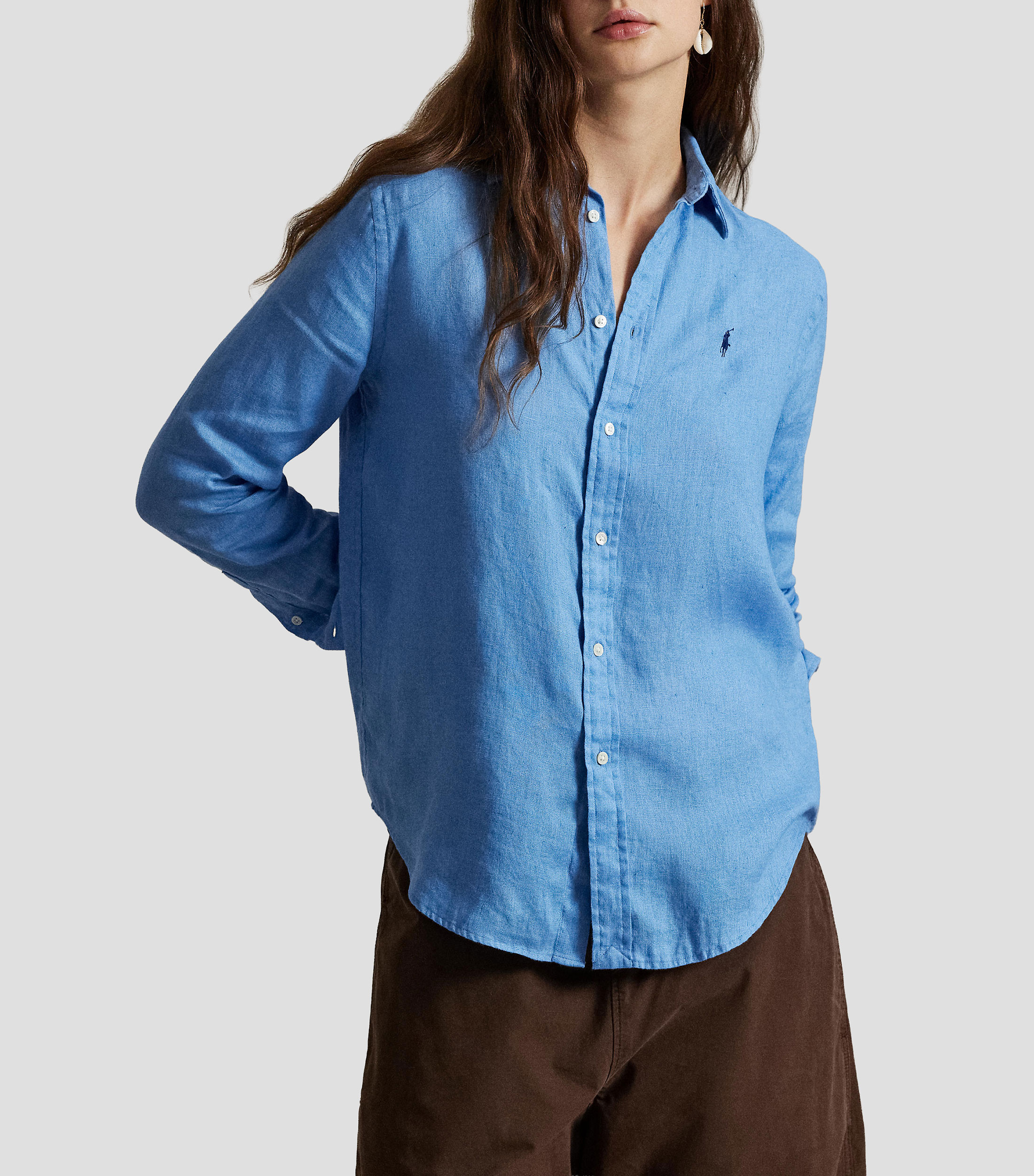 Camisa lisa de lino manga larga Mujer