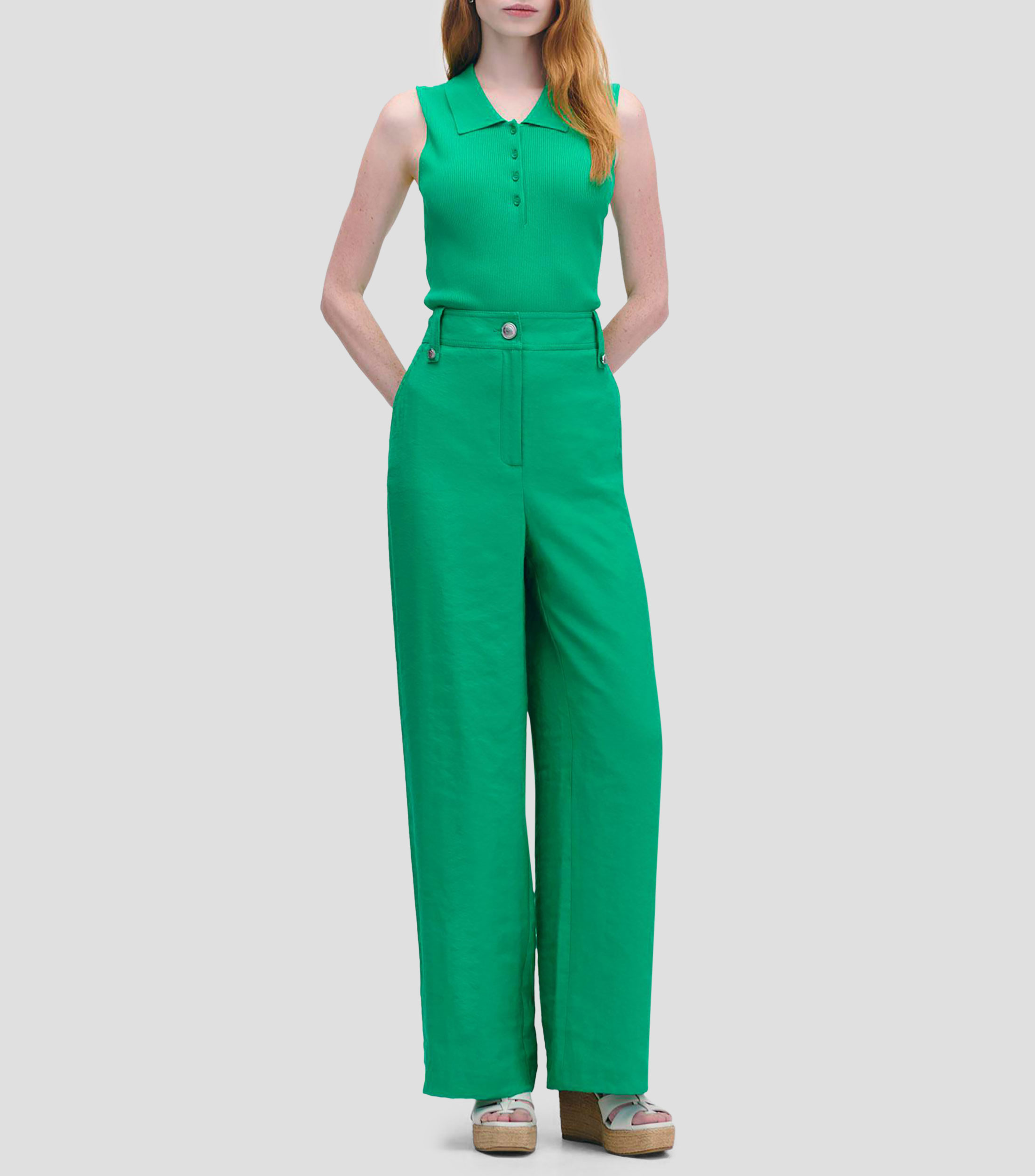 Blusa Verde Trébol Tipo Polo Tejido Canalé Mujer