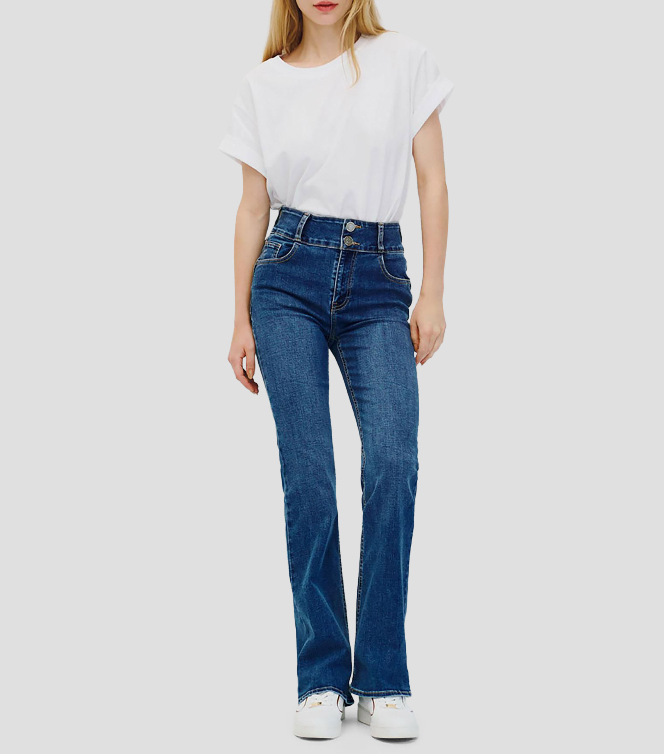 Jeans Acampanados Tiro Alto Azul Medio Pretina Mujer