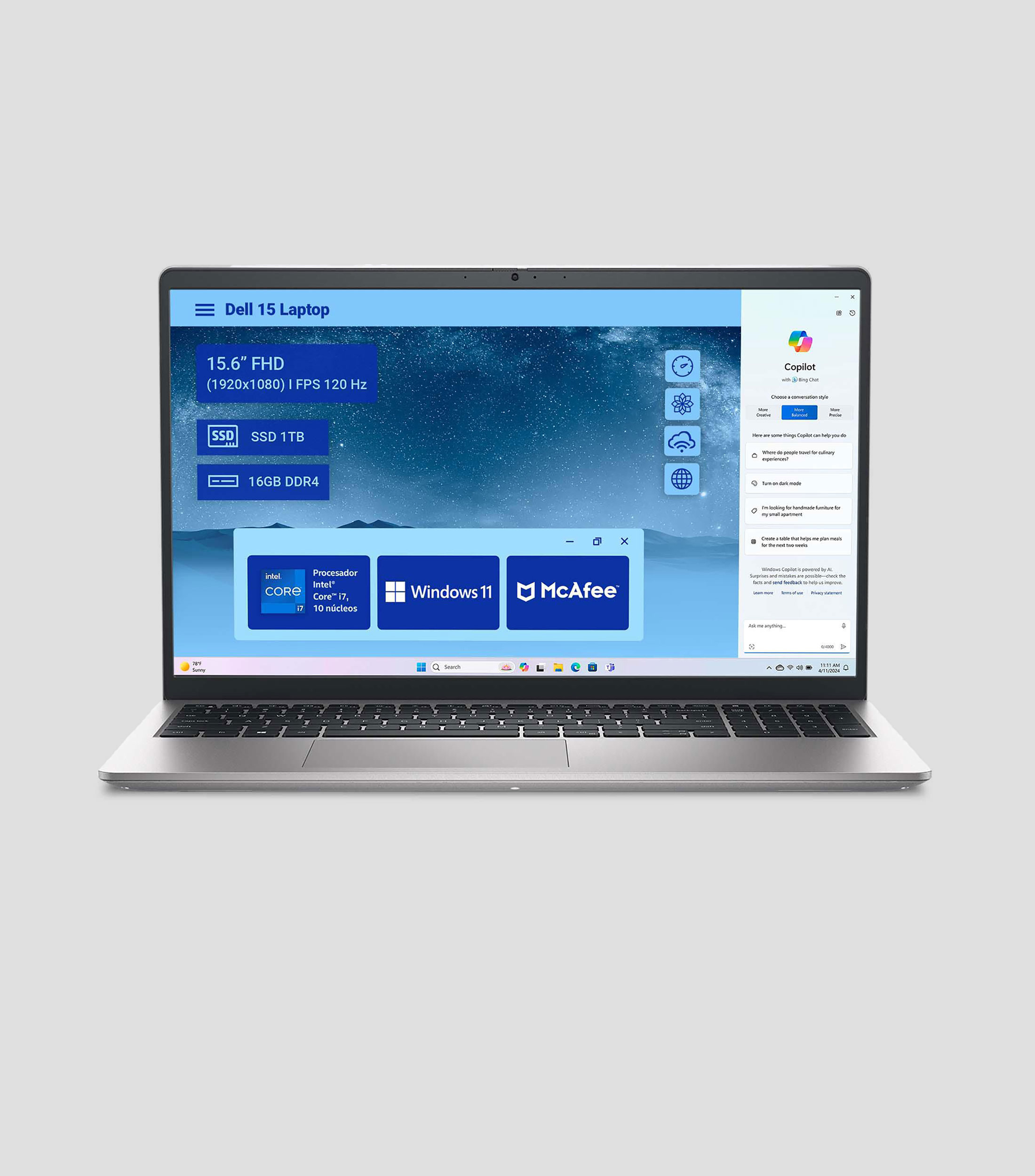 Laptop, Dell 15, 15.6", Intel Core i7, RAM 16 GB DDR4, SSD 1 TB