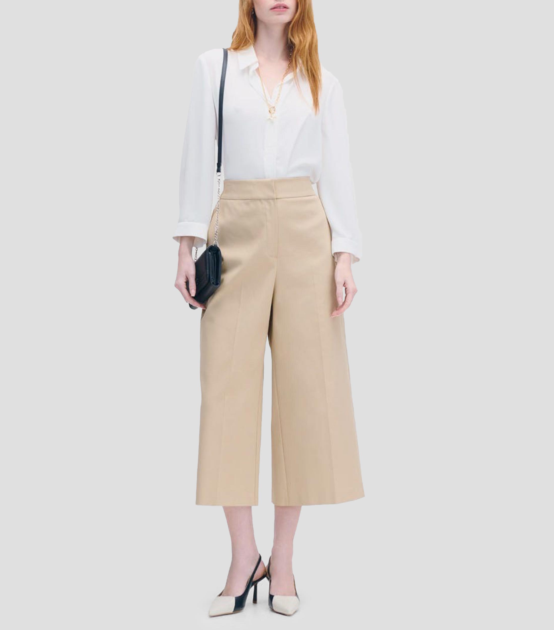 Pantalón Culotte Tiro Alto Beige Pretina Enresortada Mujer
