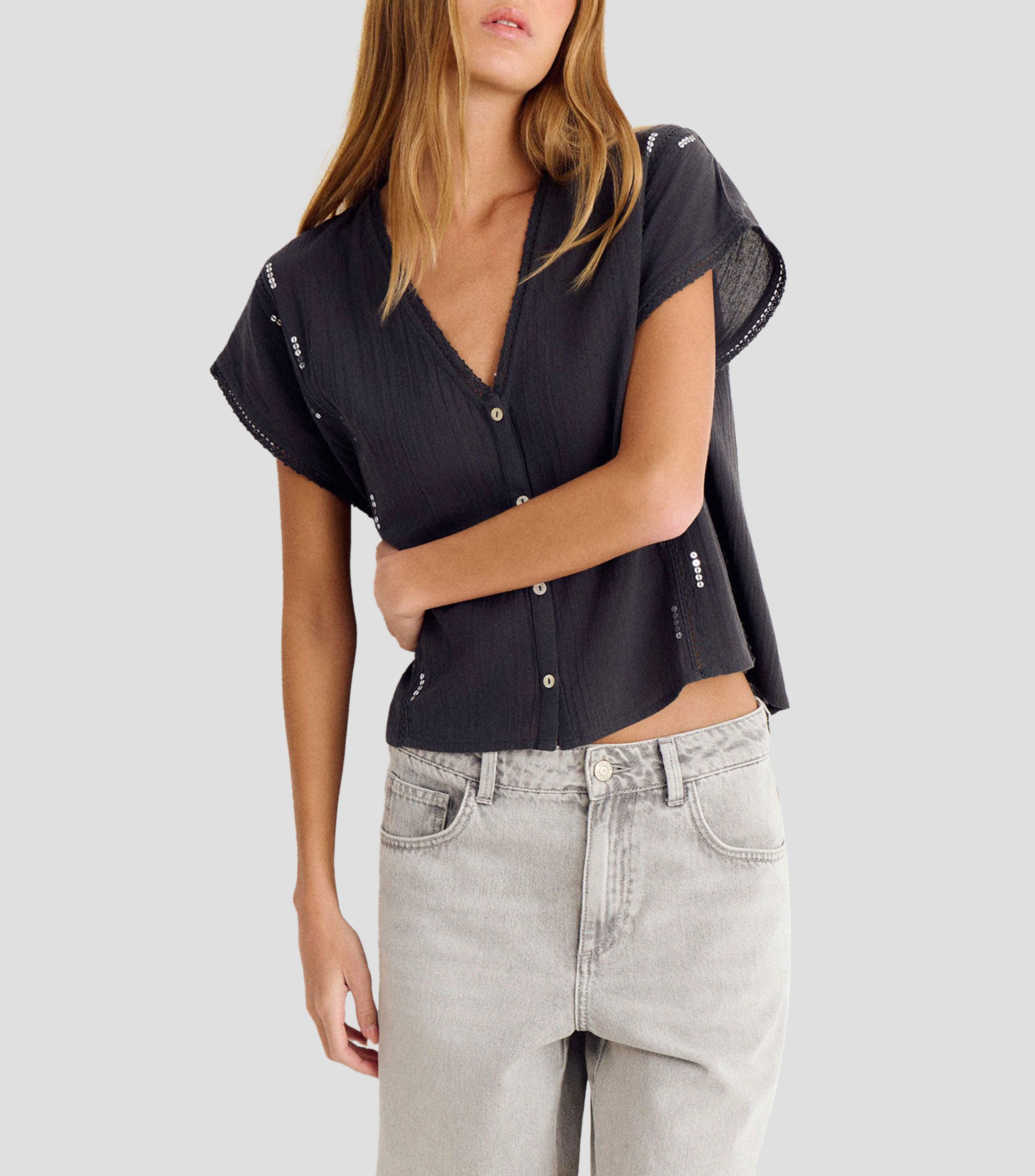 Blusa lisa con manga corta Mujer