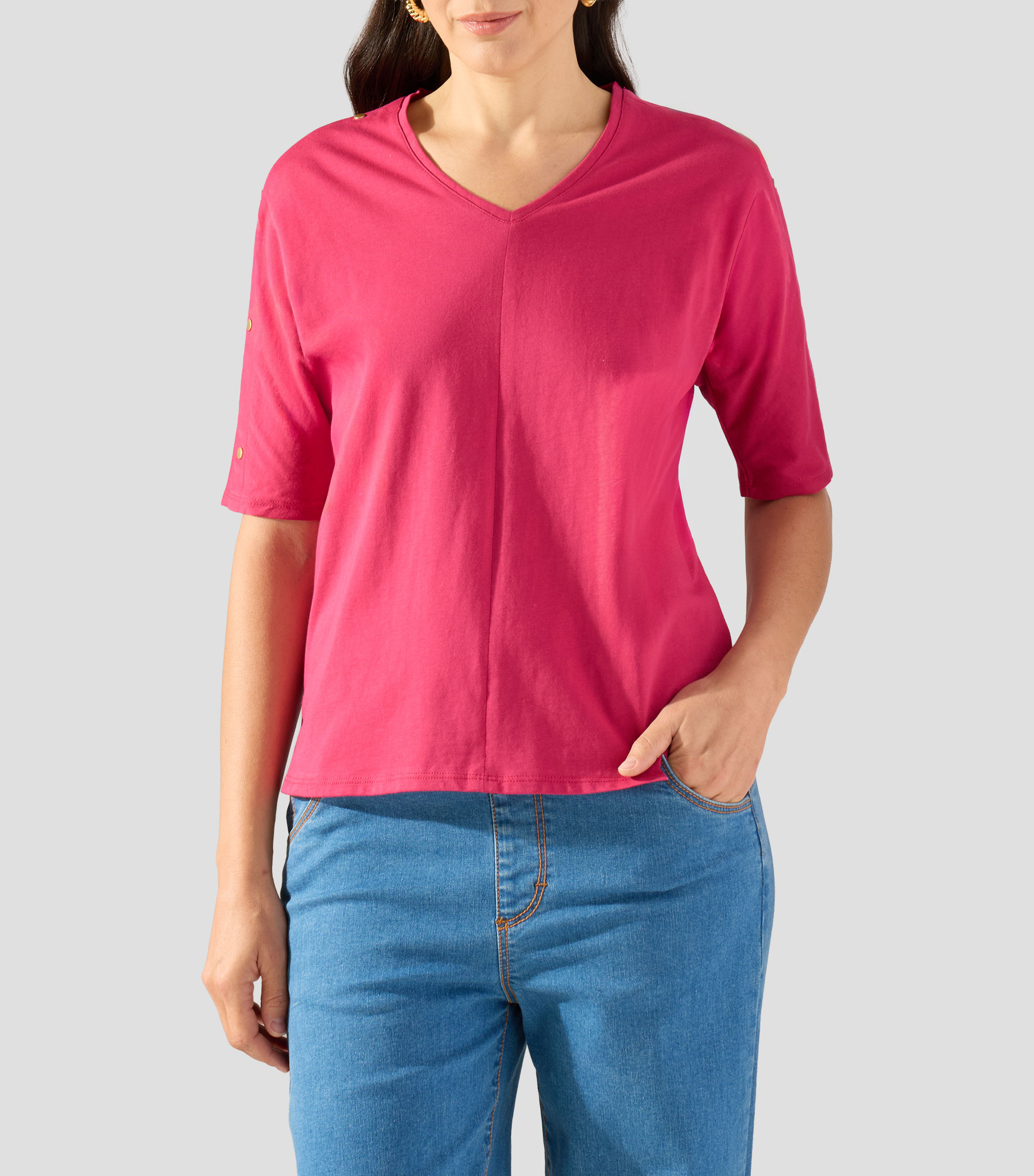 Playera de cuello V con manga corta lisa Mujer