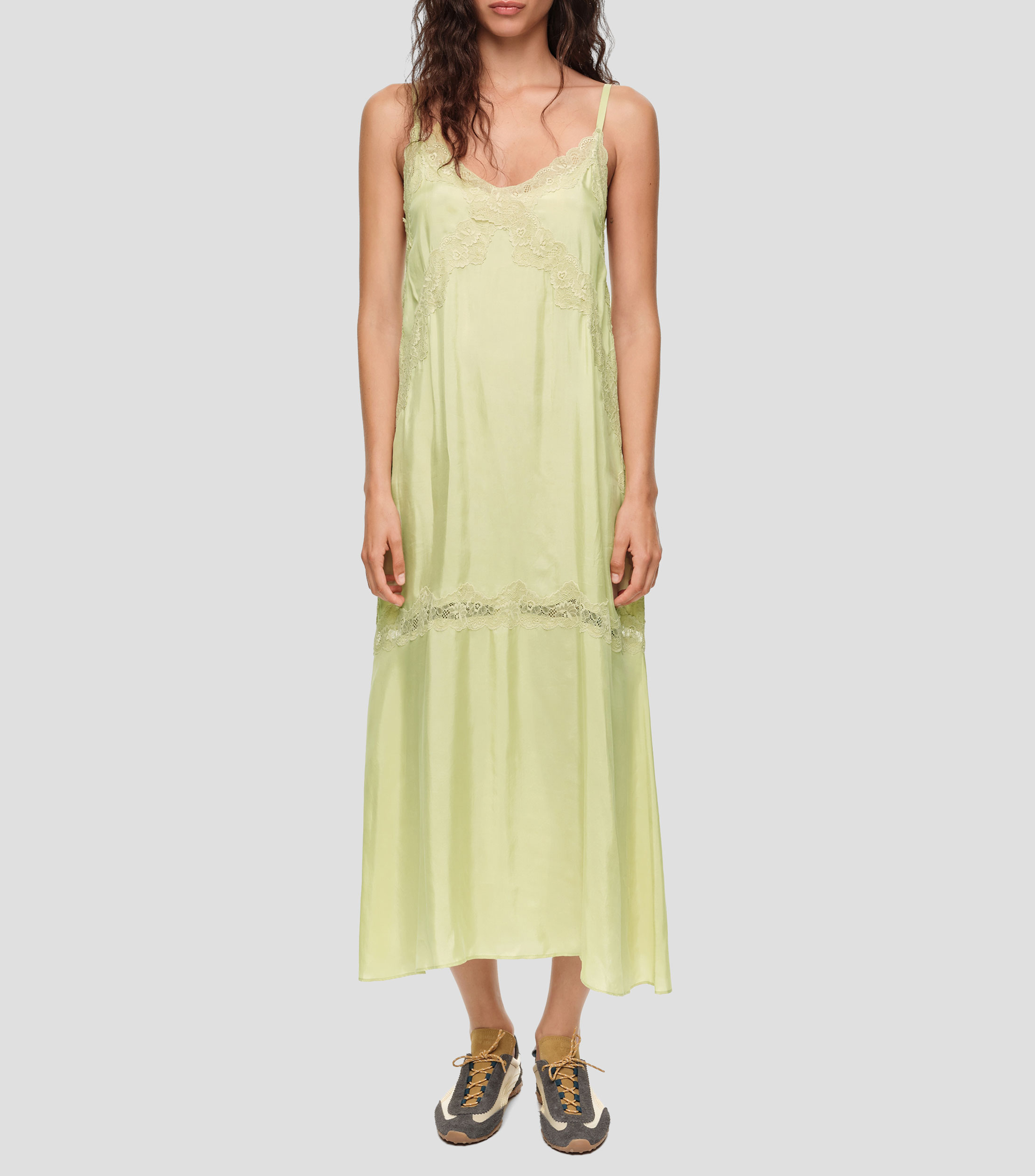 Vestido midi liso con encaje cuello V sin magas Mujer