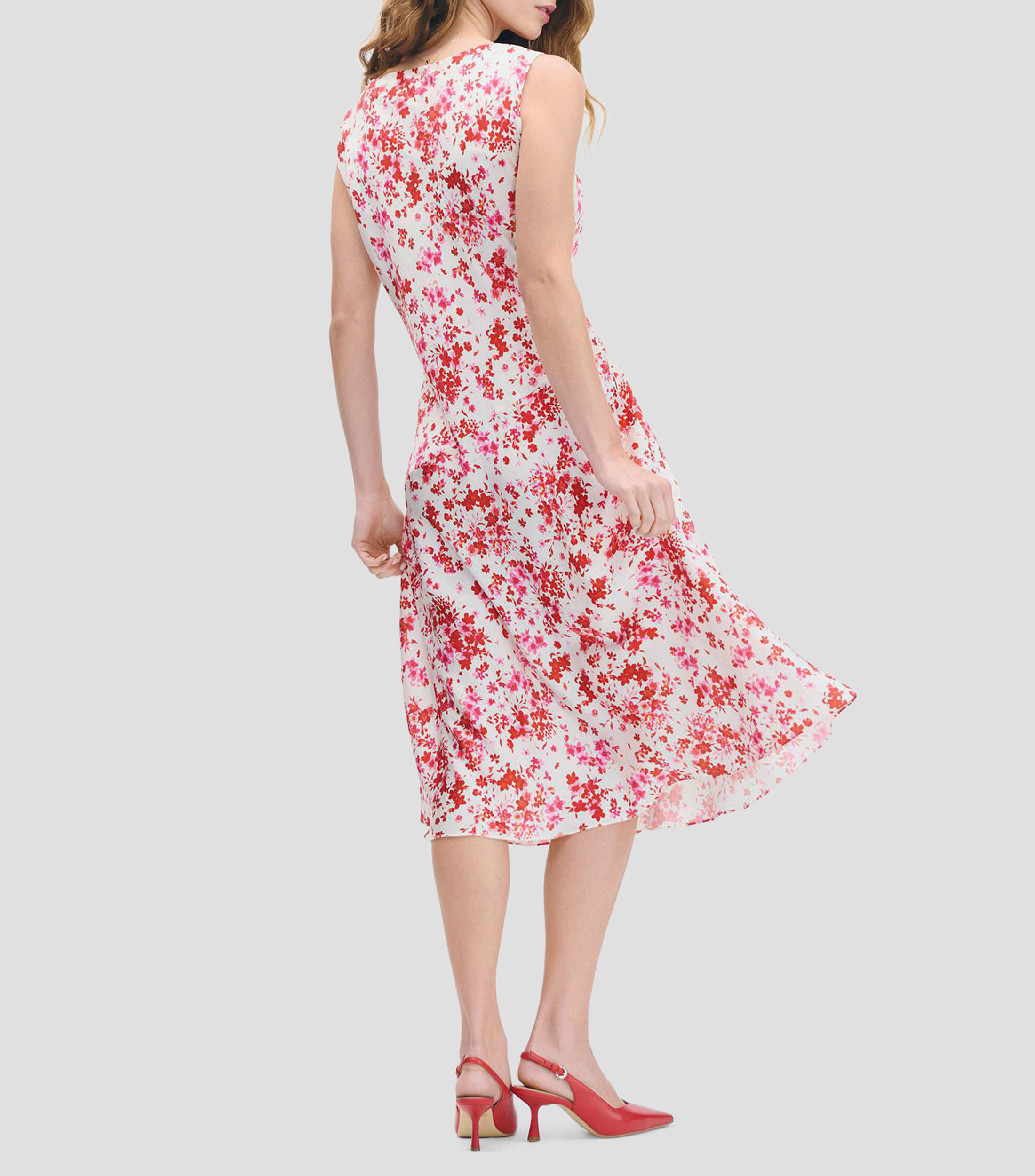 Vestido línea A de satín estampado floral magenta escote drapeado Mujer